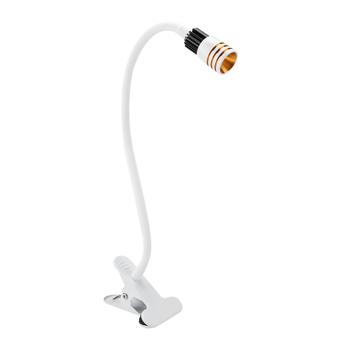 Eine weiße, flexible Schreibtischlampe mit Klemmfuß und goldfarbenem Leuchtenkopf.