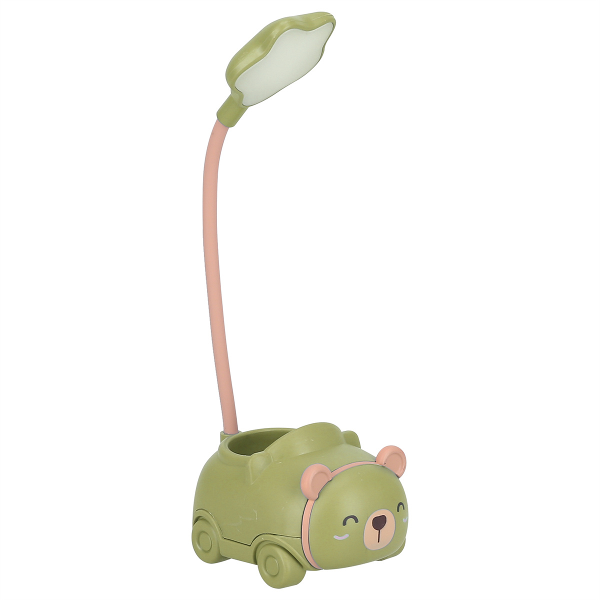 Eine grüne Bärenlampe mit rosa Arm.