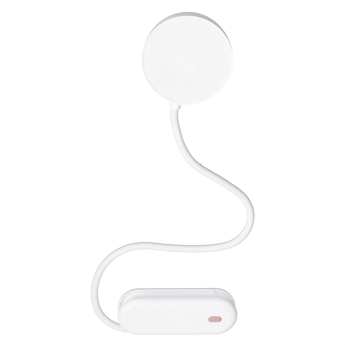 Eine weiße, flexible Schreibtischlampe mit kreisförmigem Licht und rechteckigem Sockel.