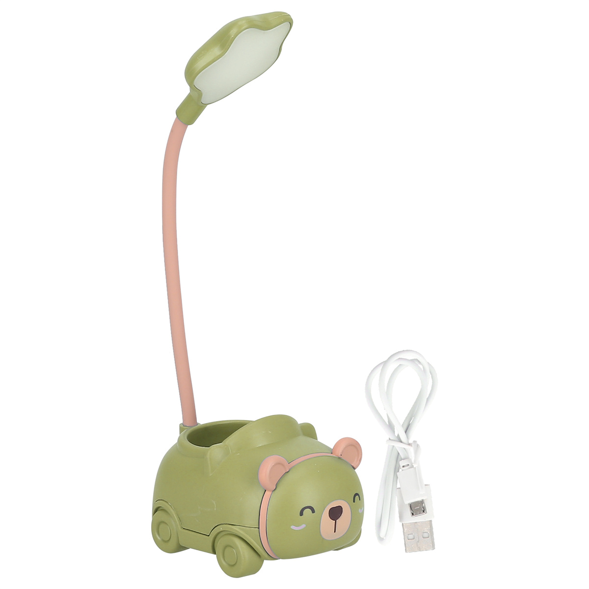 Eine grüne, bärenförmige Schreibtischlampe mit pinkfarbenem Stiel und Ladekabel.