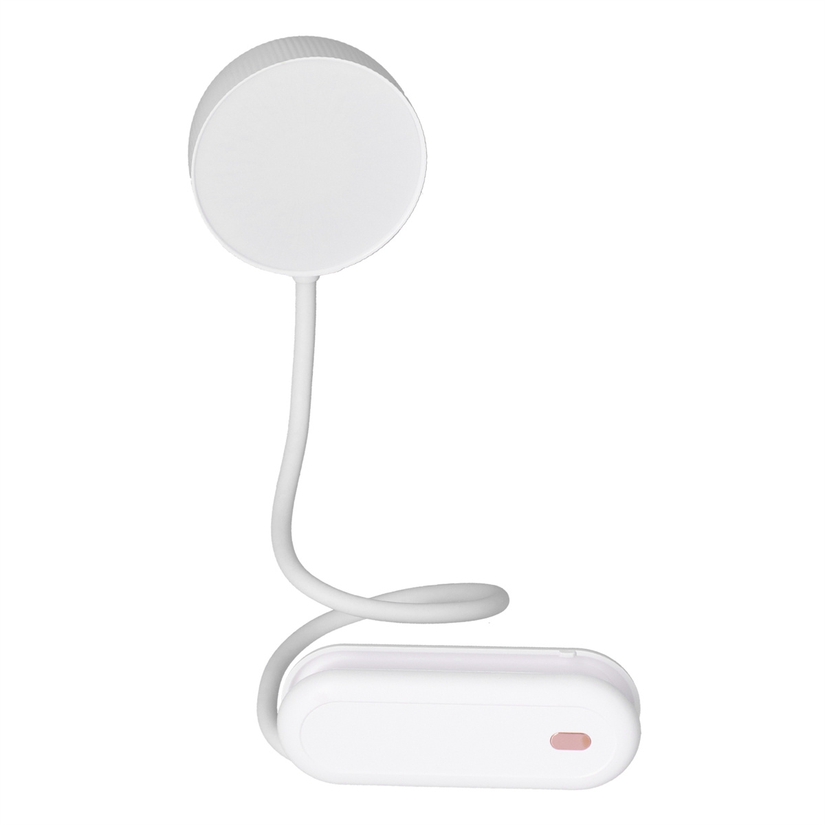 Weiße Schreibtischlampe mit rundem Licht und gebogenem, flexiblem Arm.