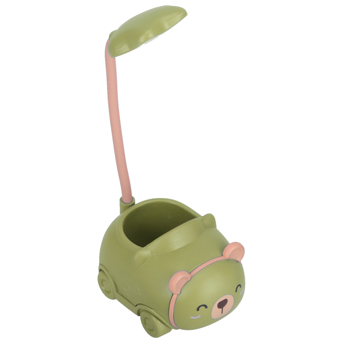 Grüne bärenförmige Lampe mit pinkfarbenem Stiel und Schirm. Hat einen Stifthalter und ein Licht.