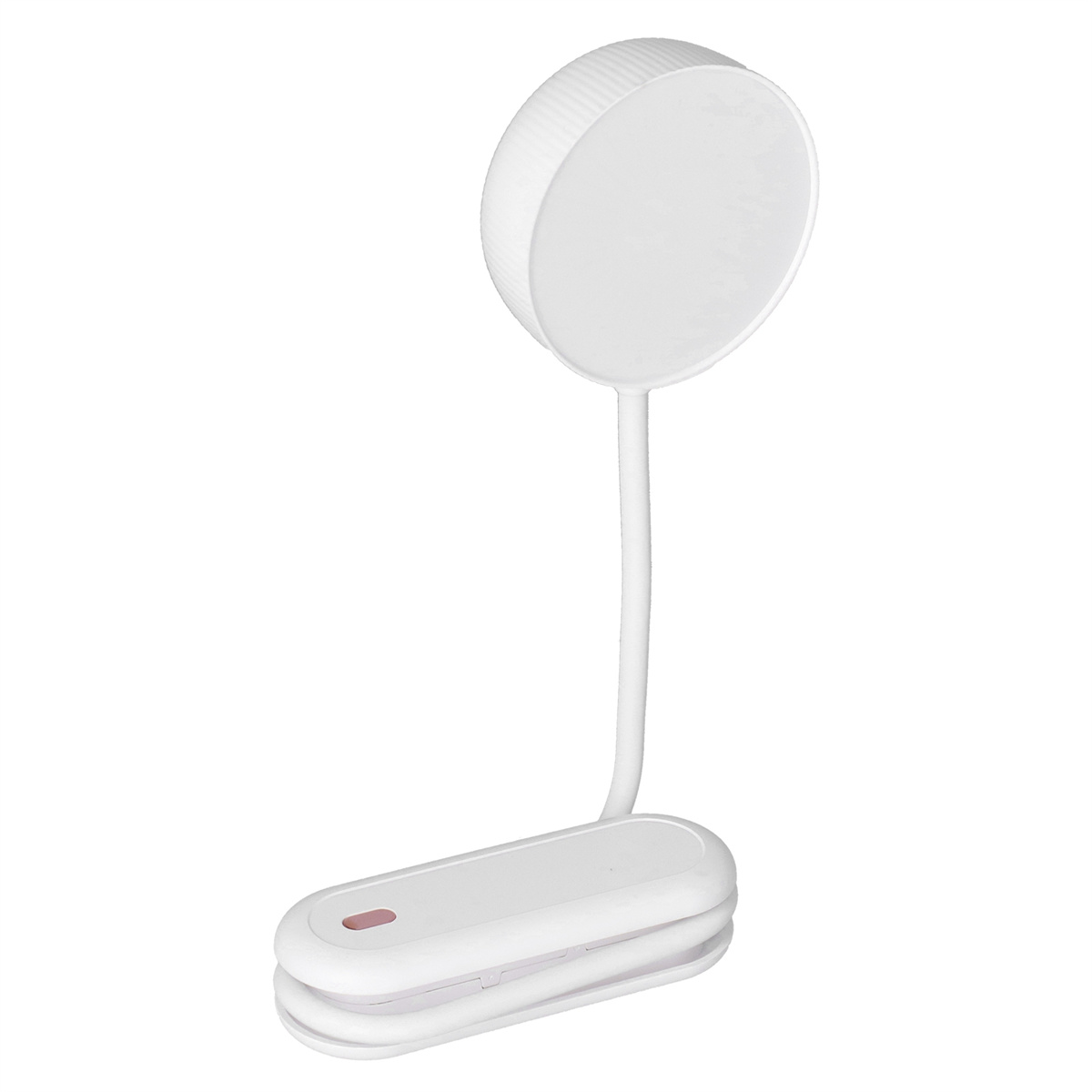 Weiße, abgerundete rechteckige Lampe mit Clip, auf weißem Hintergrund. Roter Punkt an der Basis.