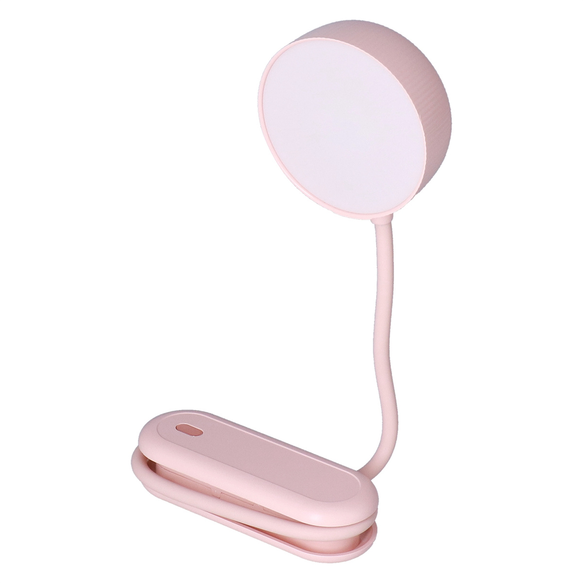 Eine rosa Clip-Lampe mit flexiblem Hals und rundem Licht. Die Basis ist ein Clip.