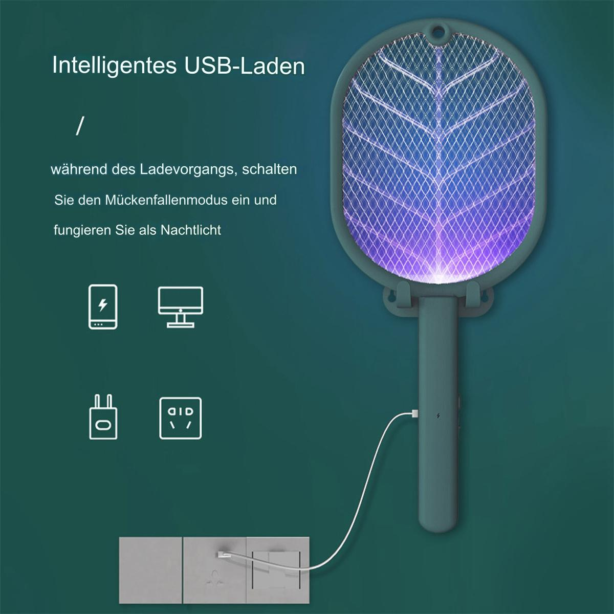 Elektrischer Moskitoschläger mit Lade- und Nachtlichtfunktion, grüner Hintergrund.