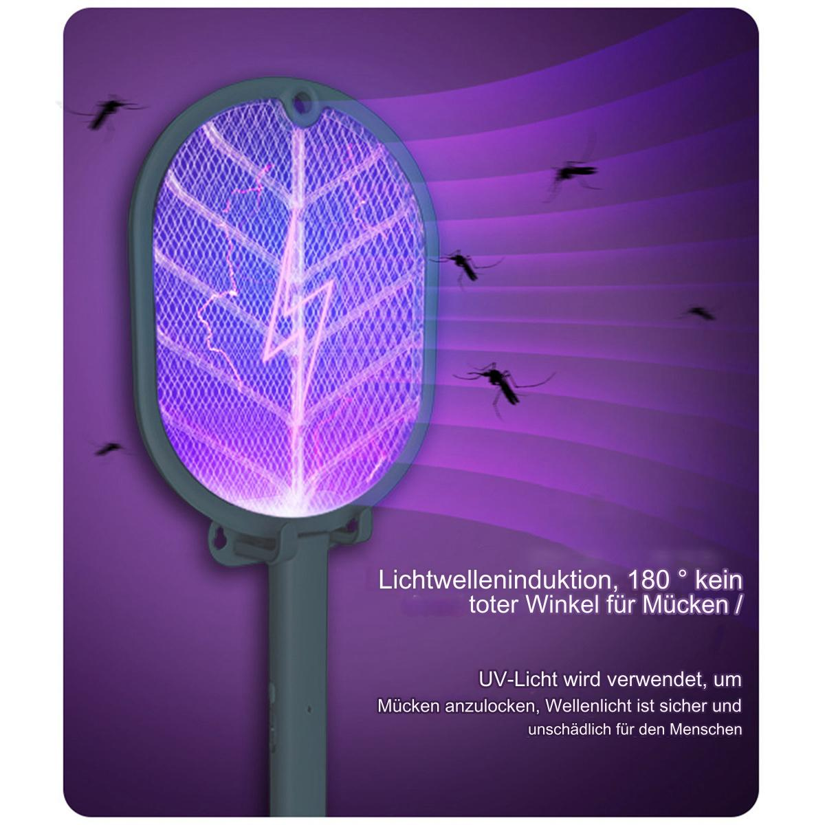 Elektrischer Insektenvernichter fängt Insekten. Lila Gitter leuchtet, mit Blitzen und Mückensilhouetten.