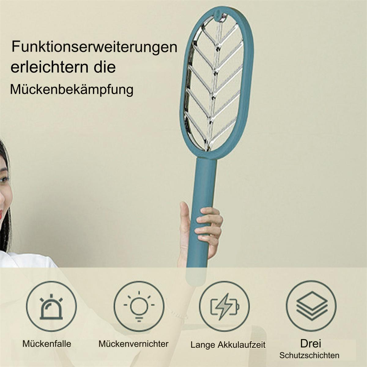 Frau hält einen blauen elektrischen Mückenschläger. Symbole zeigen Funktionen an: Mückenfalle, Killer, Akkulaufzeit und Schichten.