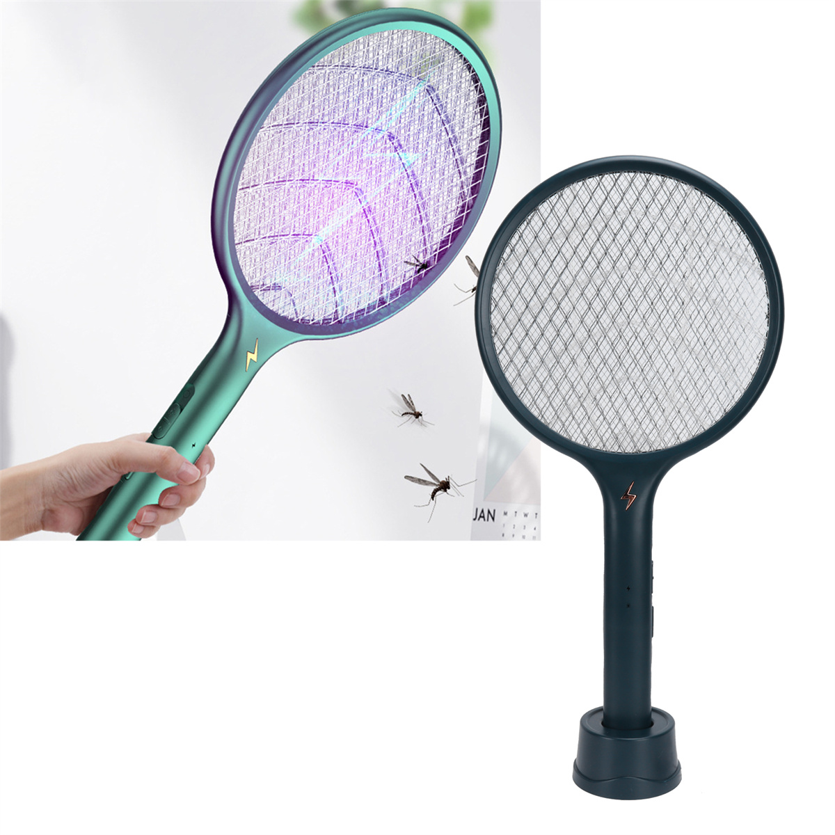 Zwei elektrische Fliegenklatschen, eine im Einsatz mit lila Licht und Moskitos. Ein Schläger steht auf einem Ständer.