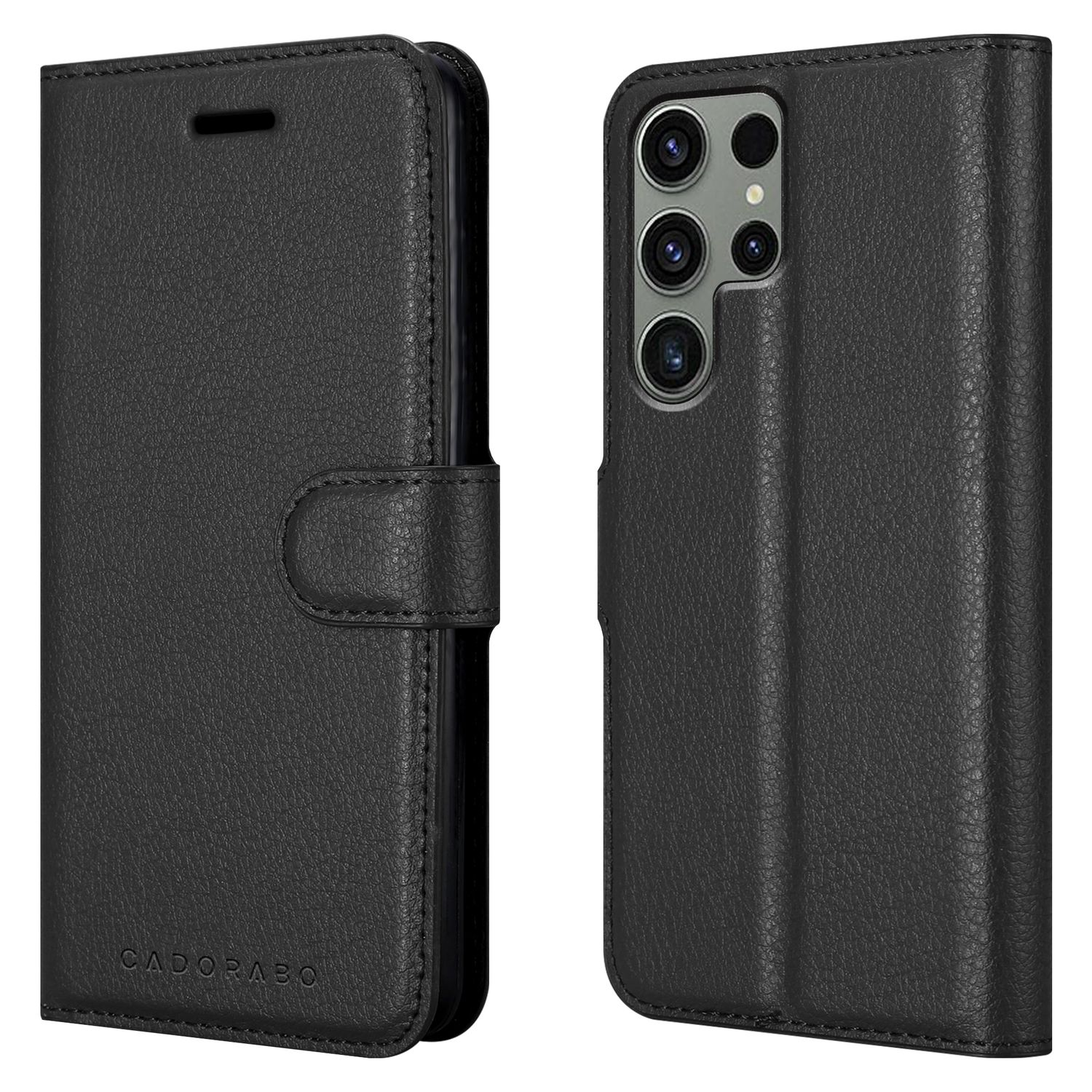 Schwarze Leder-Handyhülle, mit Knopf verschlossen. Handyhülle ist rechts, Telefon nicht sichtbar.