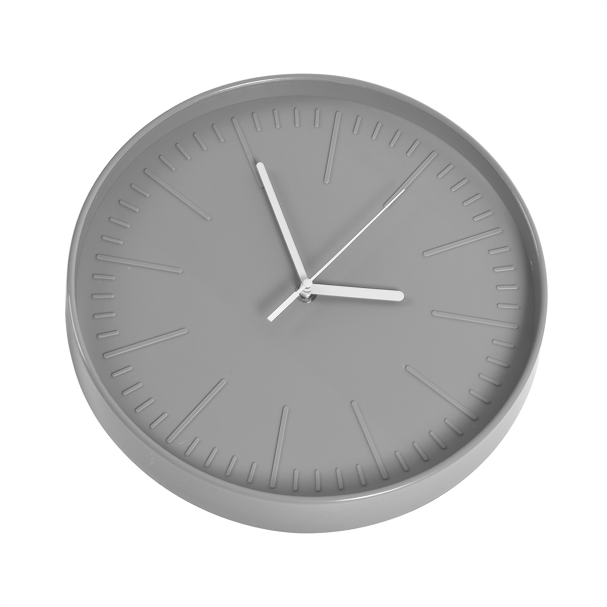 Eine graue Uhr mit weißem Hintergrund und Zeigern.