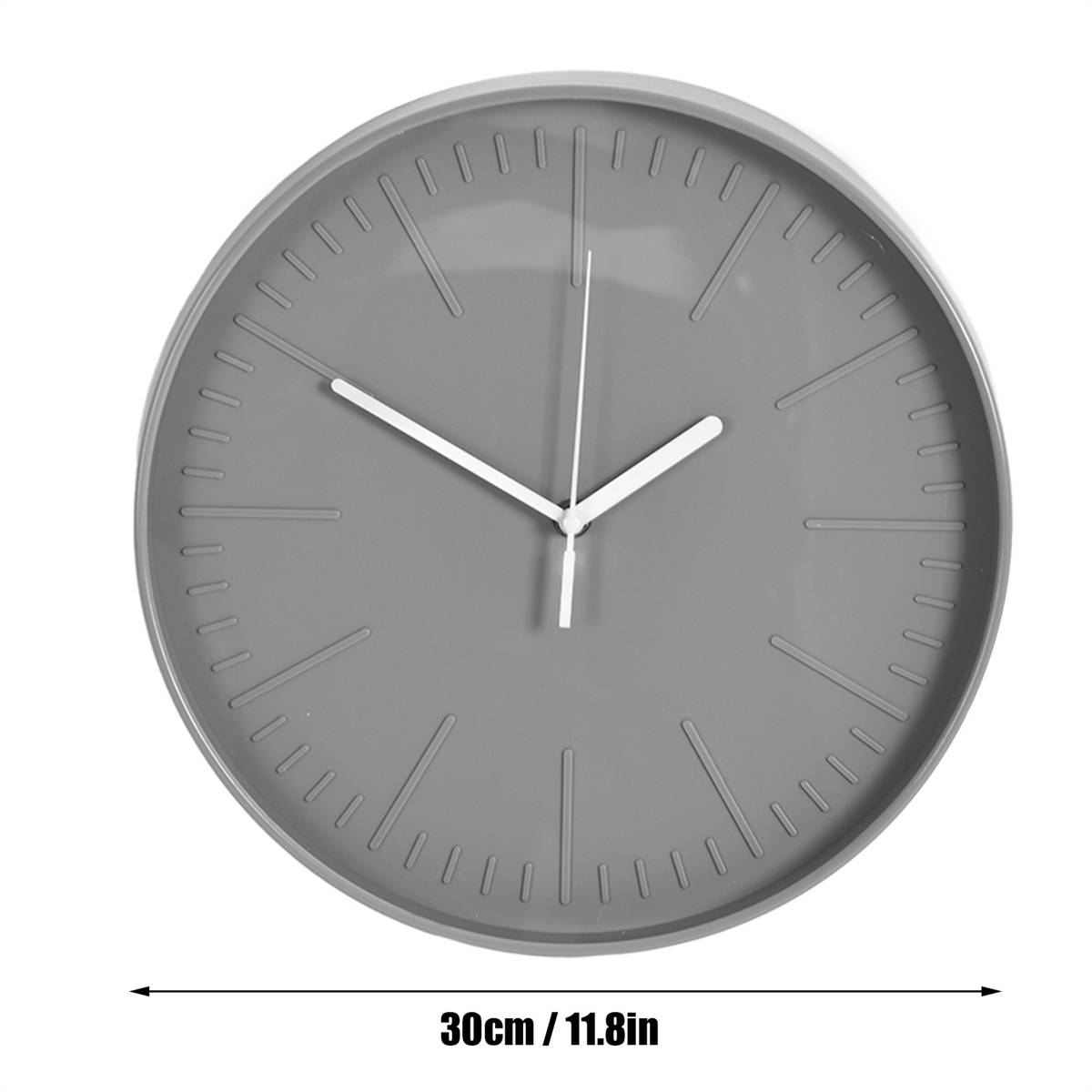 Eine graue runde Uhr mit weißen Zeigern auf weißem Hintergrund, mit angezeigten Abmessungen.