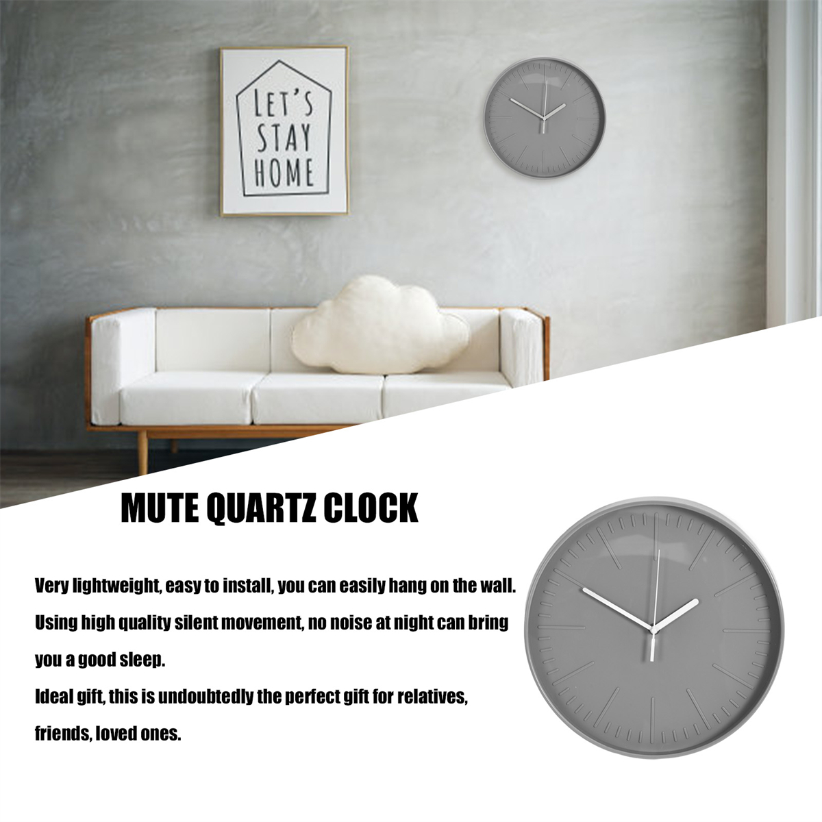 Eine graue Uhr an der Wand, sowie eine Uhr und ein Schild mit der Aufschrift "LET'S STAY HOME".
