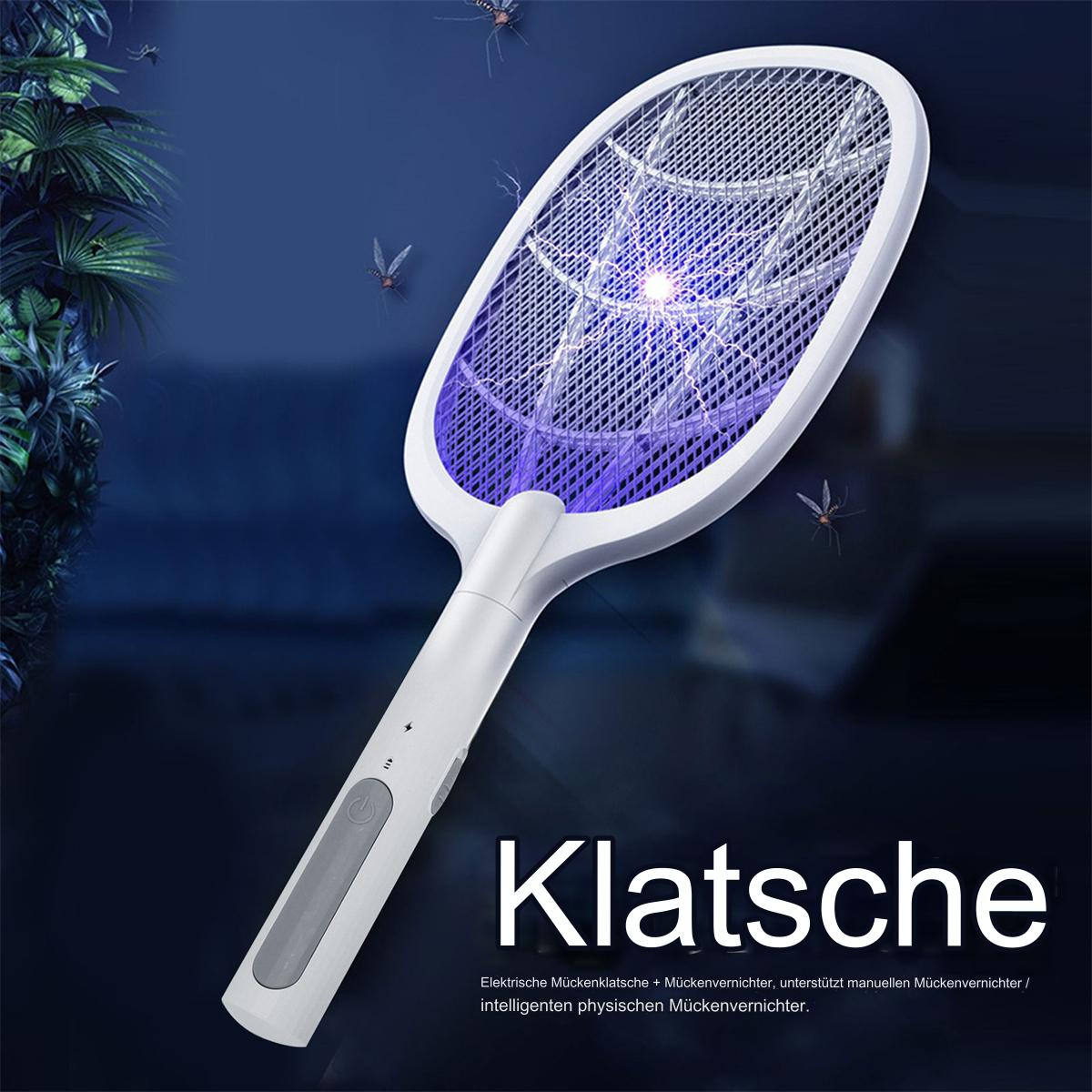 Ein Insektenvernichter, weiß mit blauem Licht, mit mehreren Moskitos drumherum.