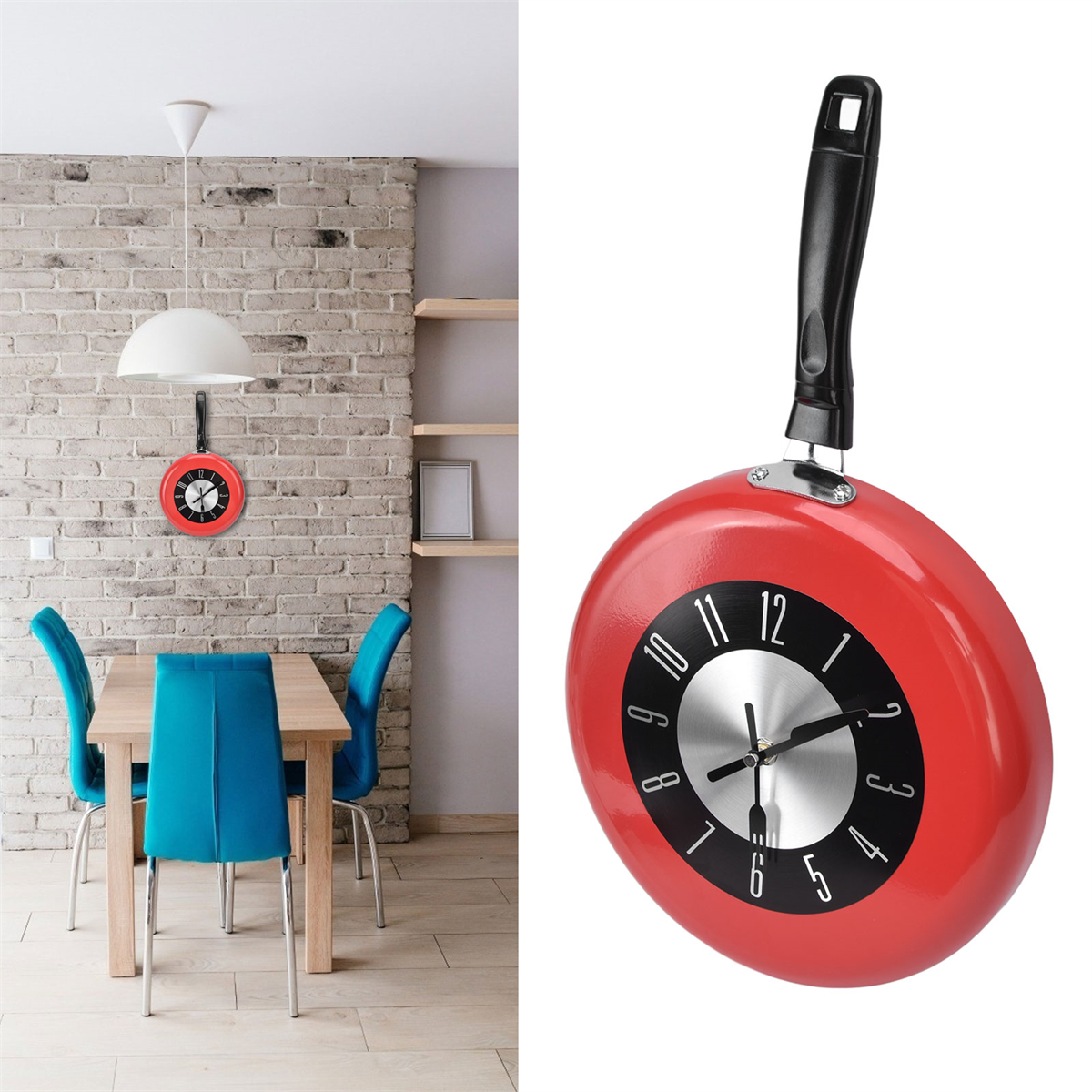 Eine Uhr in Form einer roten Bratpfanne hängt an einer Wand neben einem Esszimmer.
