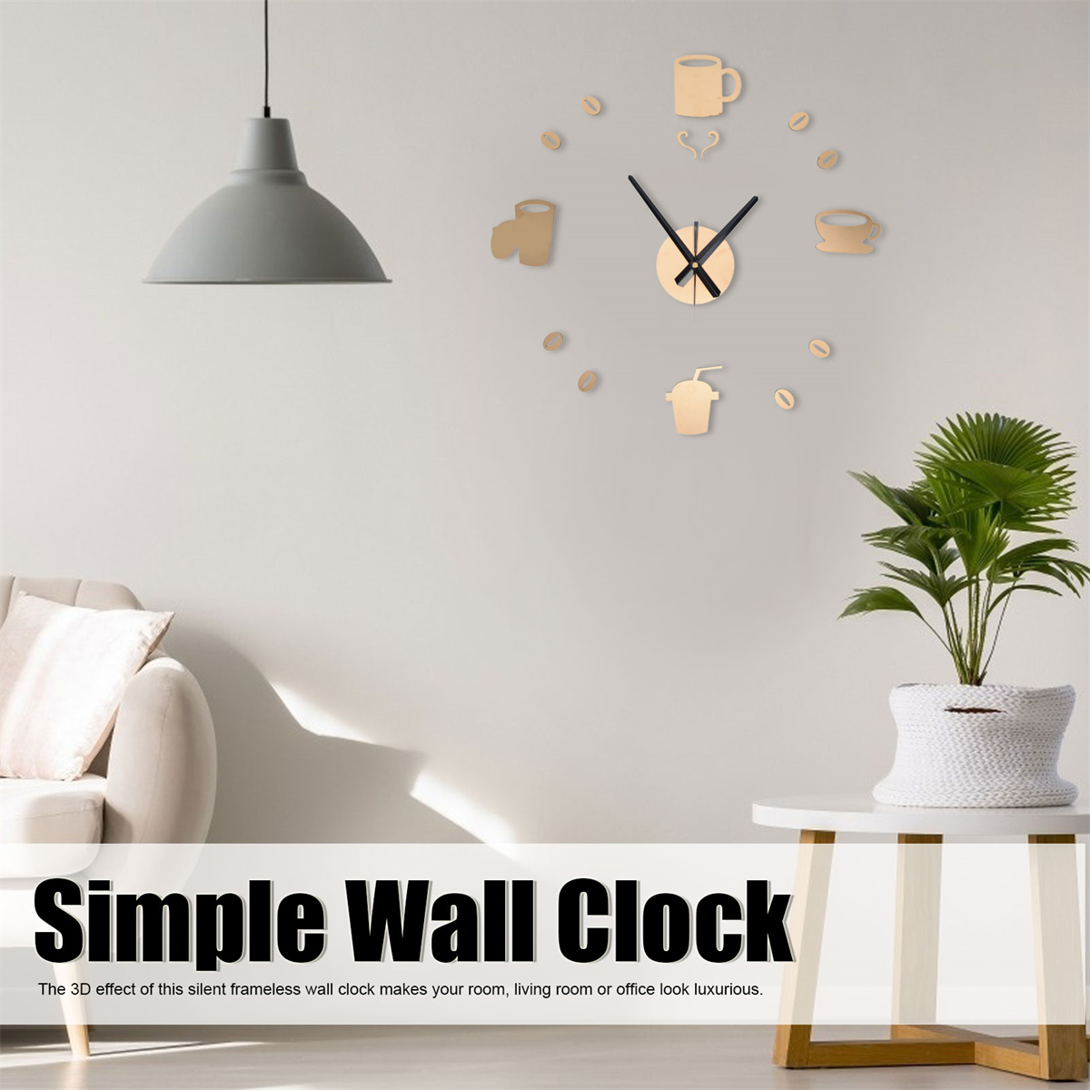 Wanduhr mit Kaffee-Design, Pflanze und Sofa im Hintergrund.