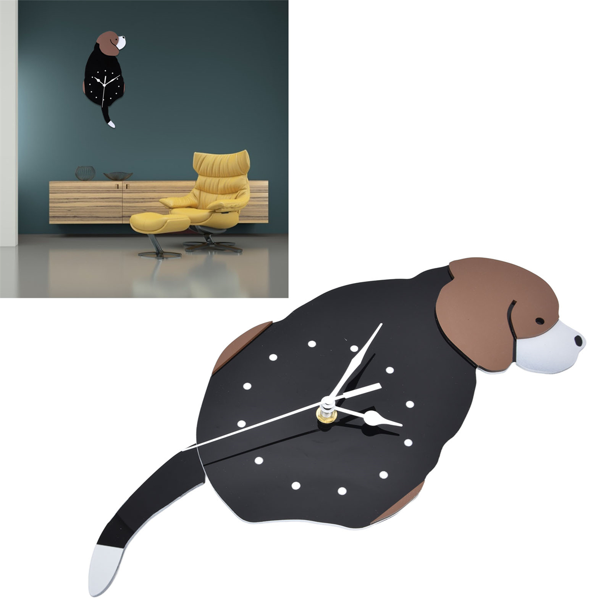 Hunde-Wanduhr in Schwarz und Braun. Im Hintergrund ein gelber Stuhl.