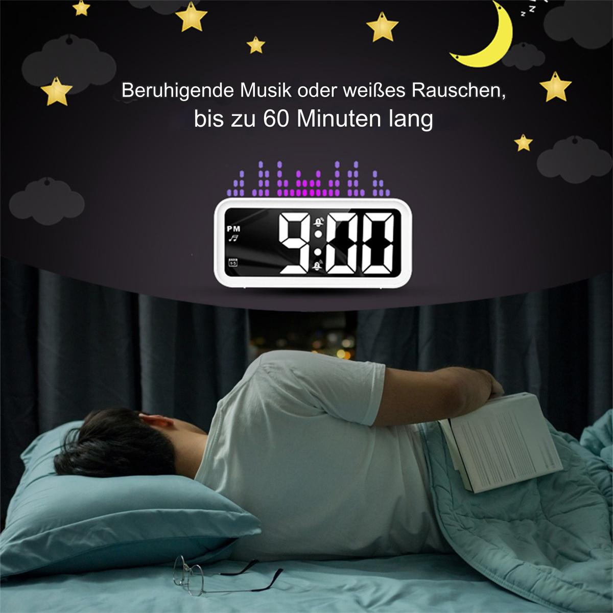 Ein Wecker, der auf 21:00 Uhr eingestellt ist, mit einer Person, die unter einer Decke schläft. Der Hintergrund hat Sterne.