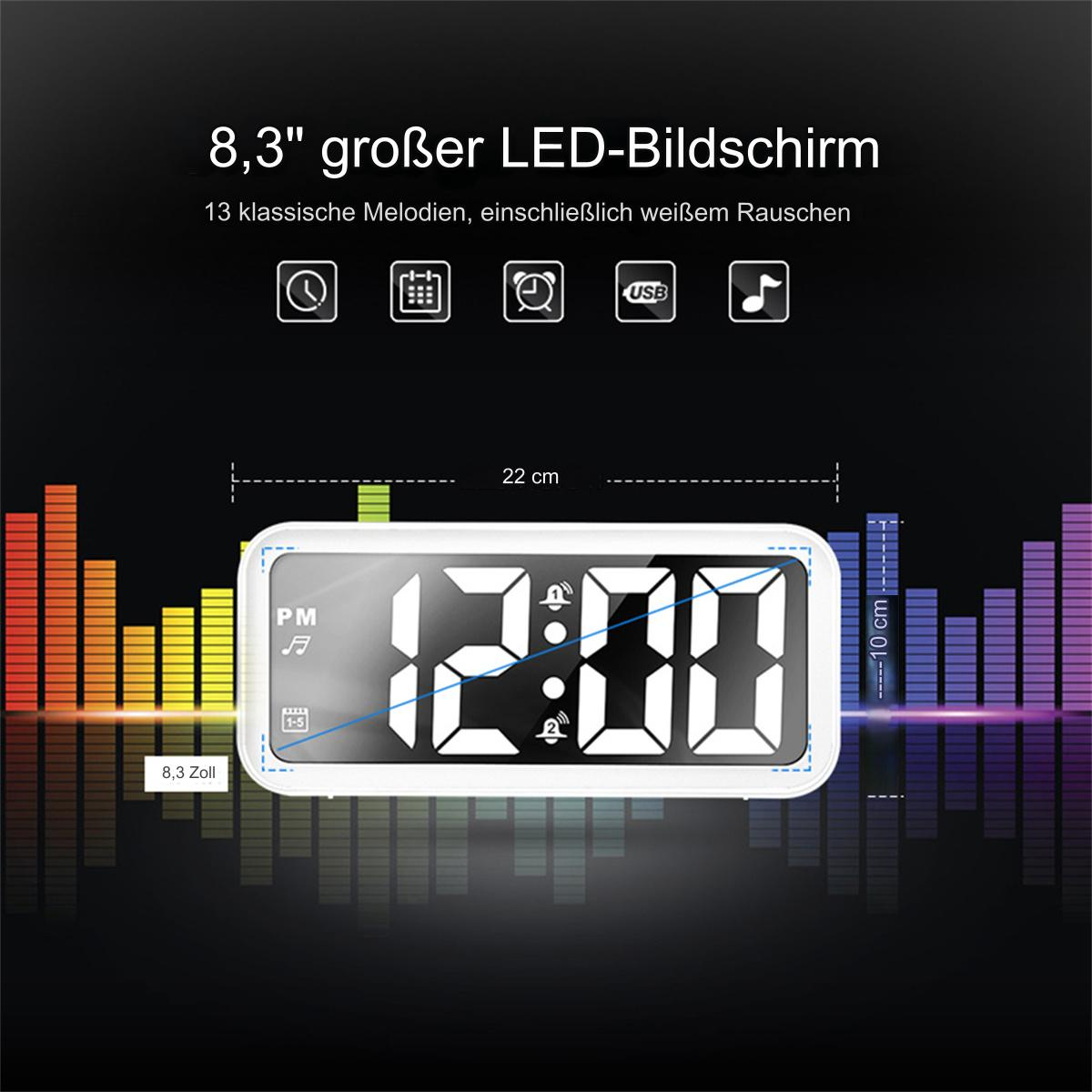 Ein digitaler Wecker mit großem Display, das die Uhrzeit und andere Symbole anzeigt.