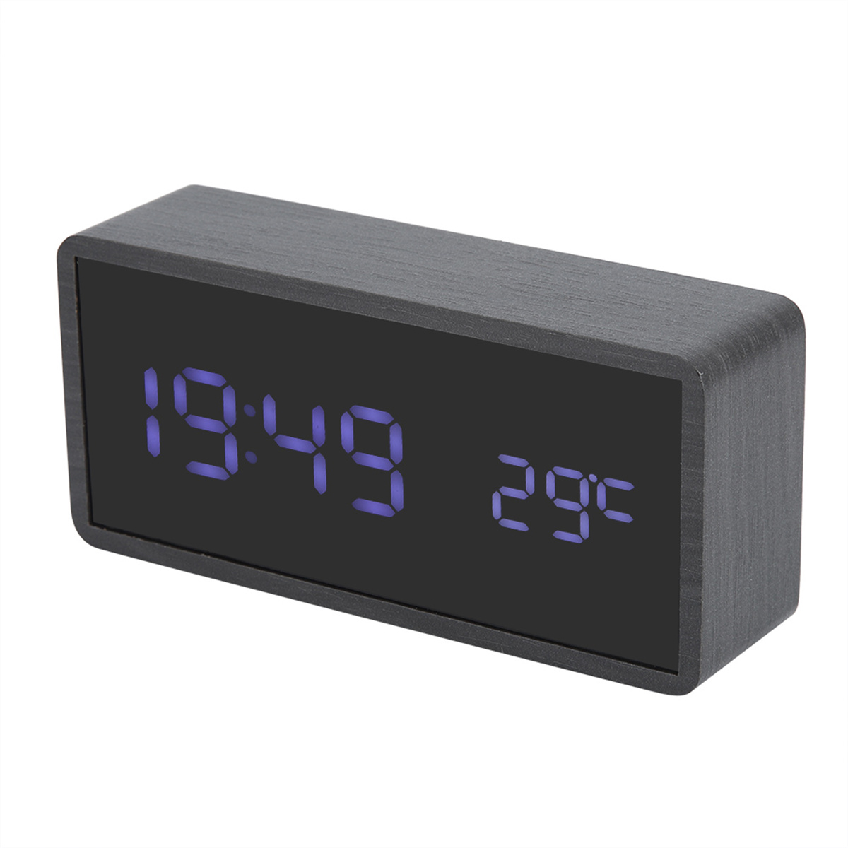 Eine schwarze Digitaluhr zeigt 19:49 und 29°F an. Sie hat einen dunkelgrauen Rahmen.