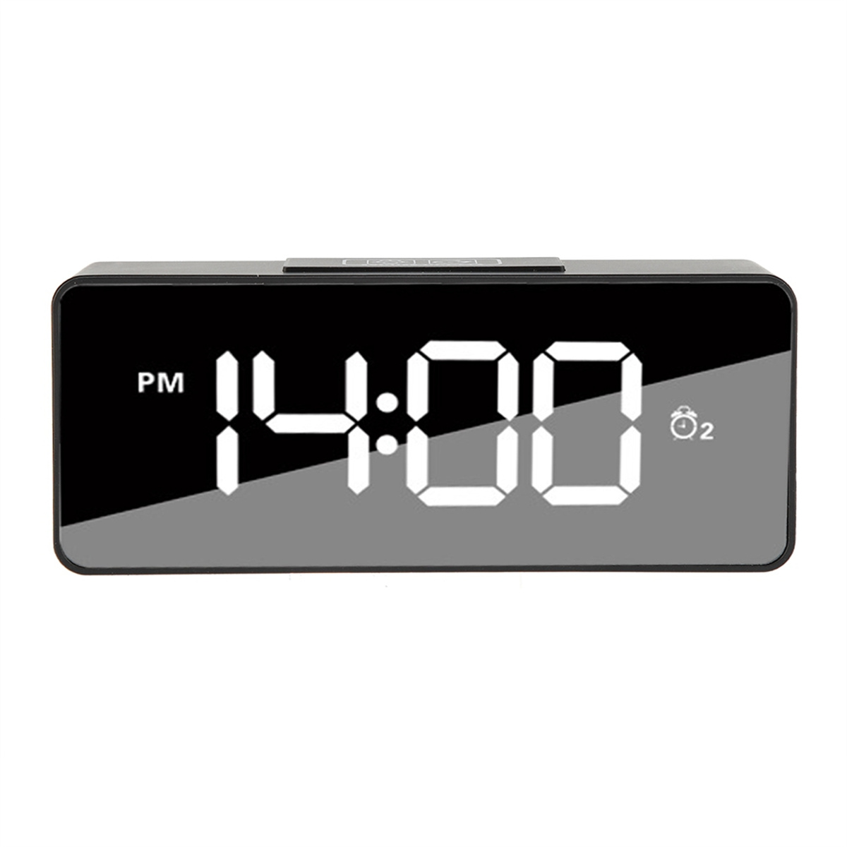 Eine schwarze Digitaluhr, die 14:00 PM anzeigt, mit einer kleinen Anzeige für den Alarm.