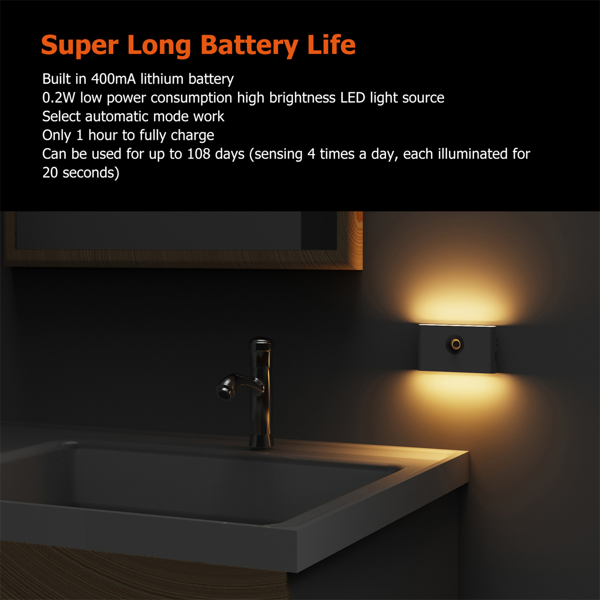 Eine an der Wand montierte LED-Leuchte mit Waschbecken und Spiegel, mit Text oben.