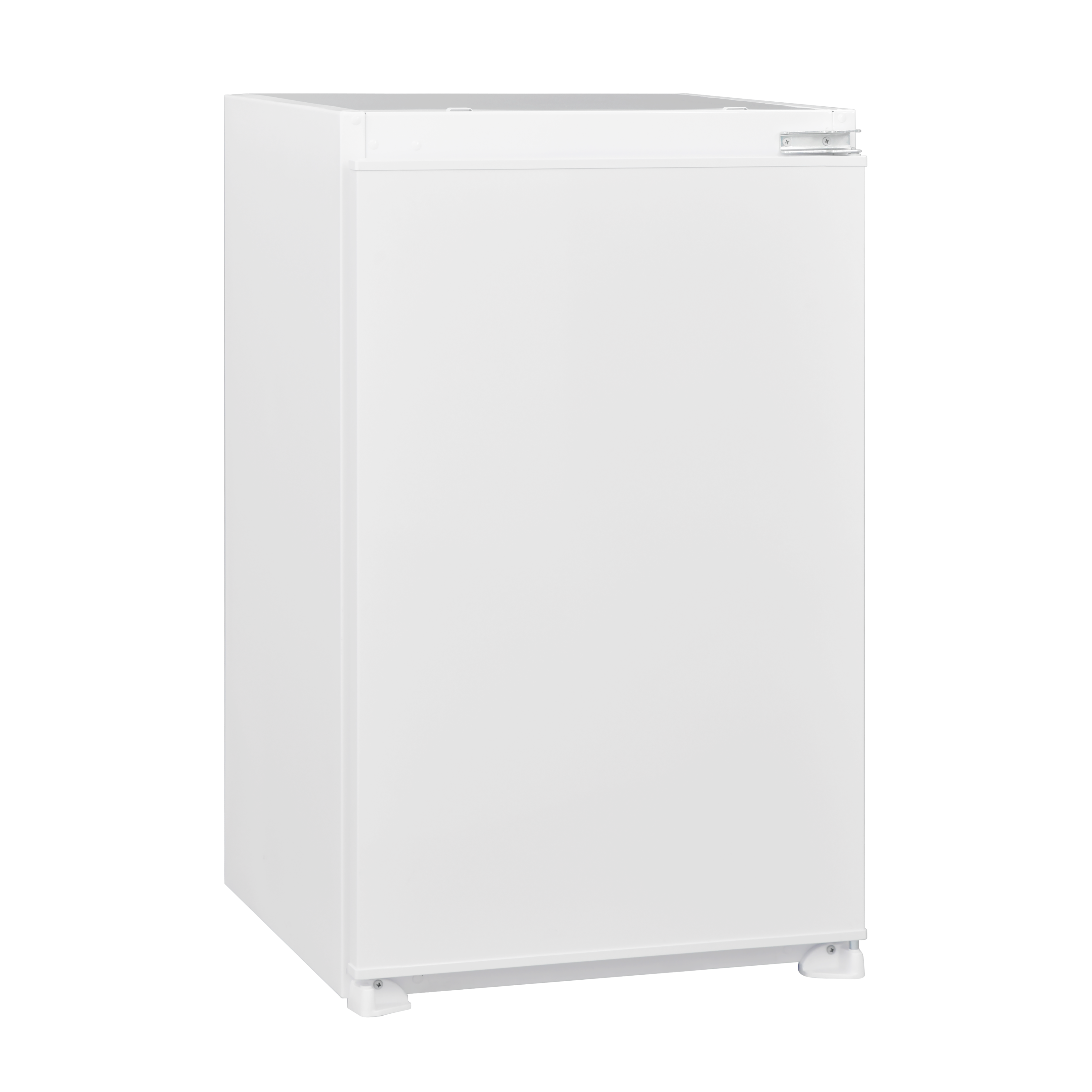 White mini refrigerator with a single door, on a black background.