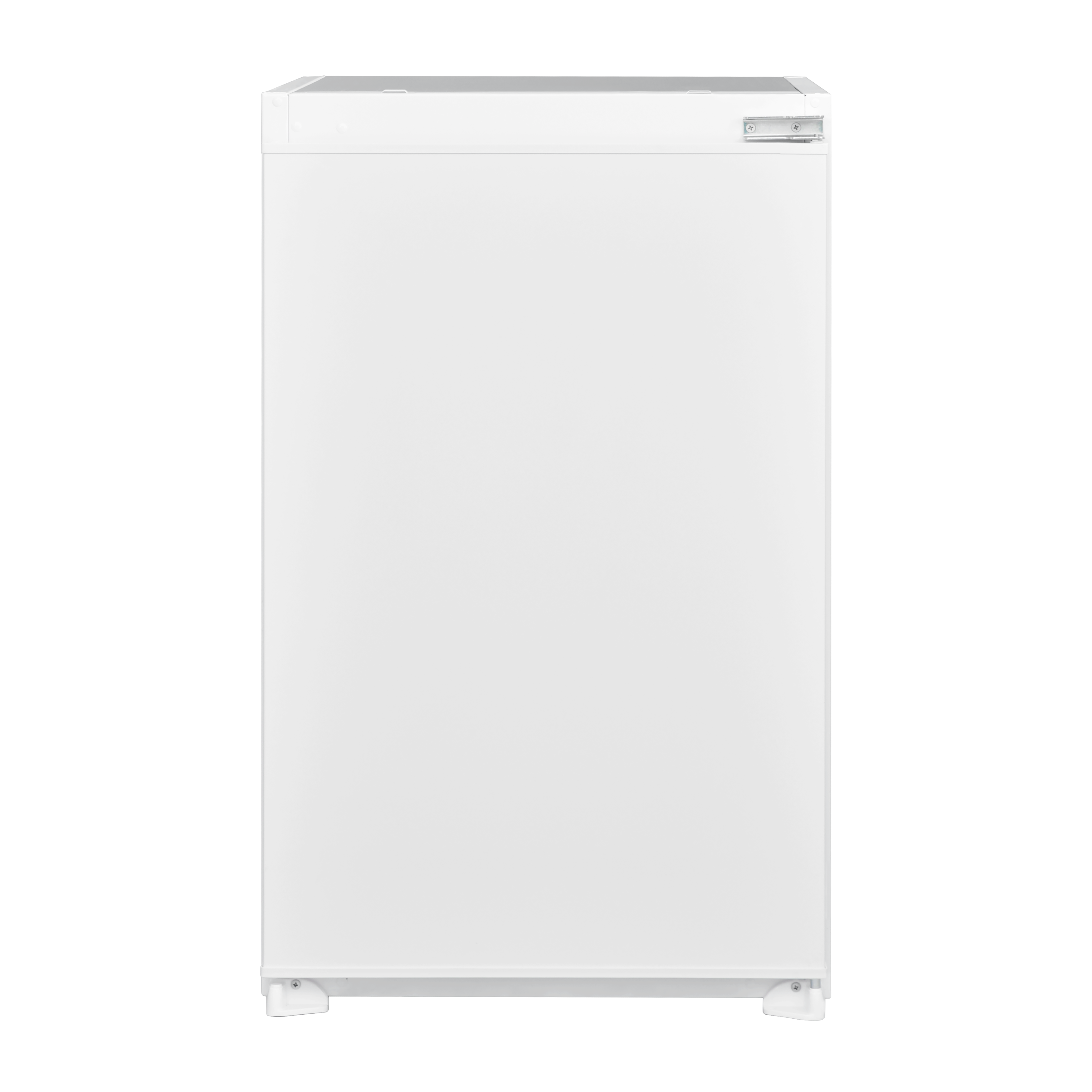 A white refrigerator with a simple design, against a solid black background.