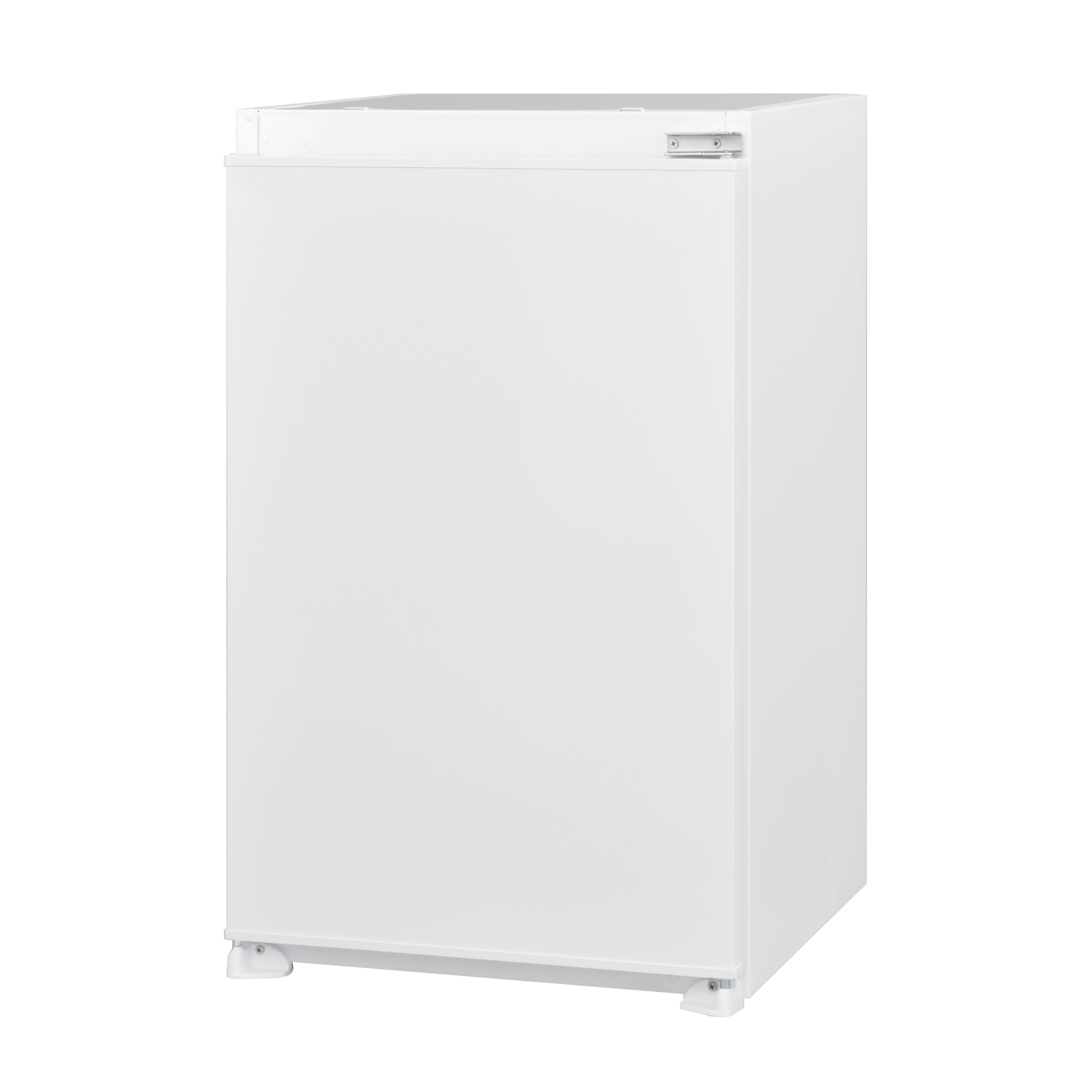A white refrigerator with a single door, set against a black background. The door is closed.