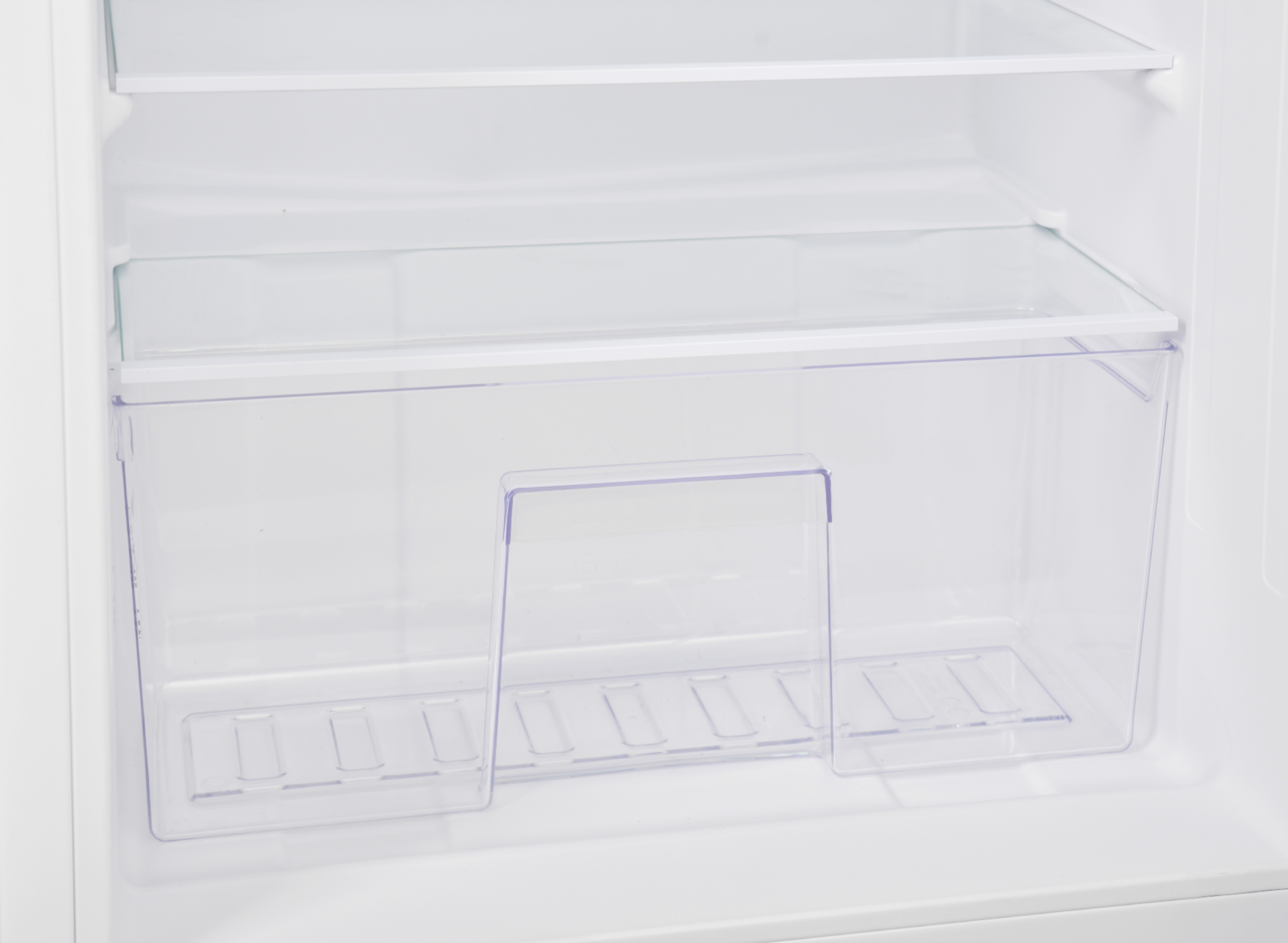 Interior view of a white refrigerator with a clear plastic drawer.