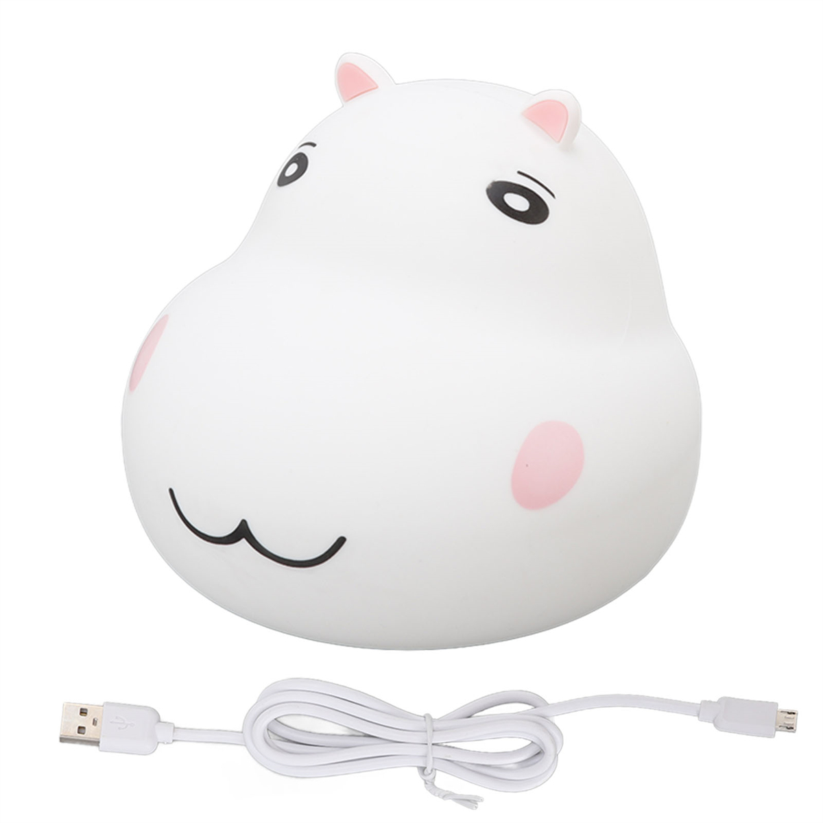 Weiße Nilpferdlampe mit USB-Kabel.