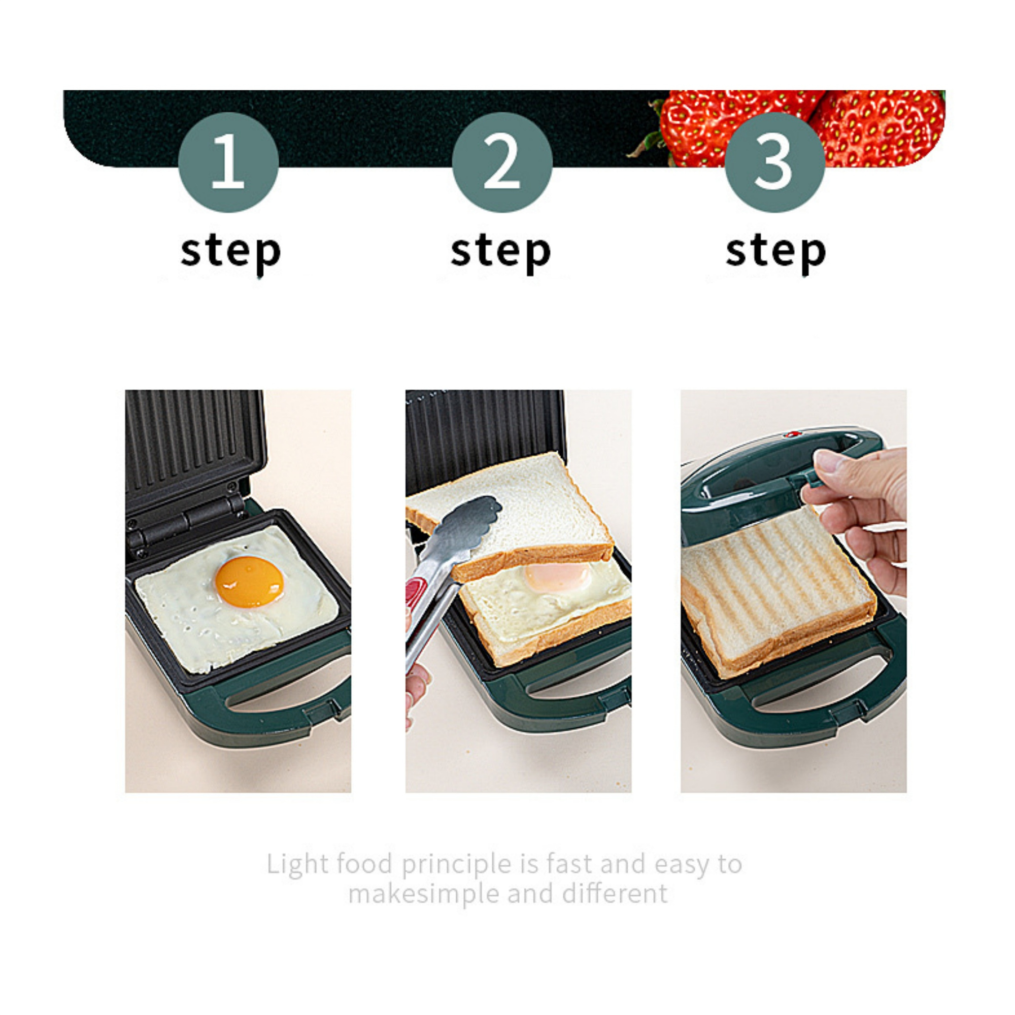Dreistufiger Prozess zur Herstellung eines Sandwiches mit einem Toaster. Ein Ei wird im Toaster gegart.