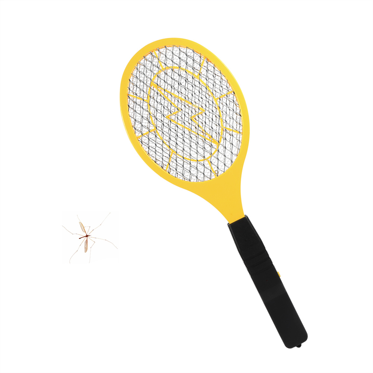Ein gelber Insektenvernichter mit einer Mücke auf weißem Hintergrund.