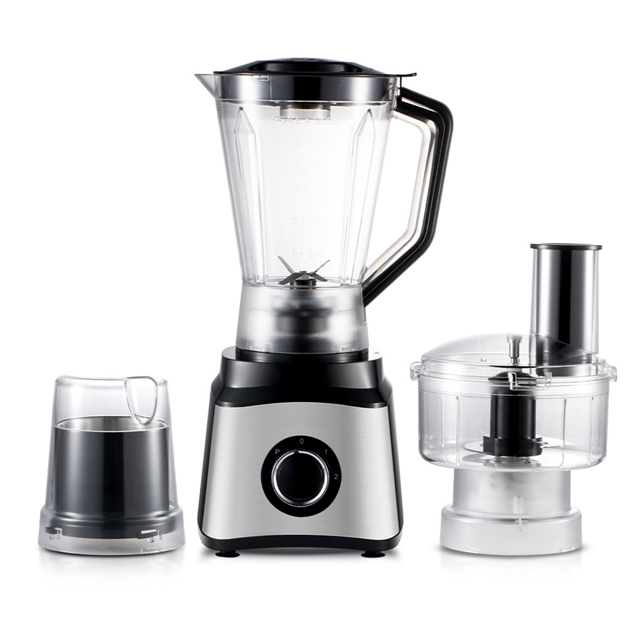 Mixer mit drei Aufsätzen: Mahlwerk, Mixer und Küchenmaschine.
