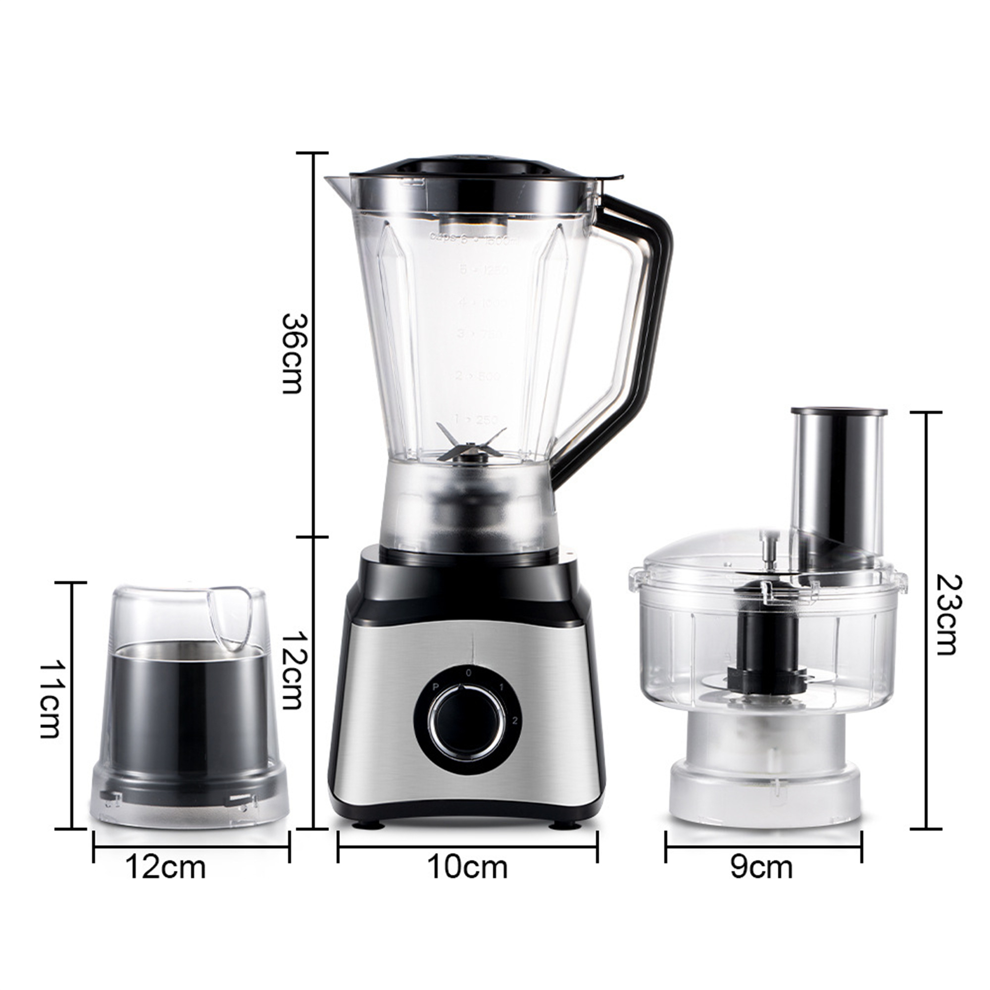 Dreiteiliger Mixer mit Maßangaben. Silberner Sockel, transparenter Behälter, schwarzer Griff.