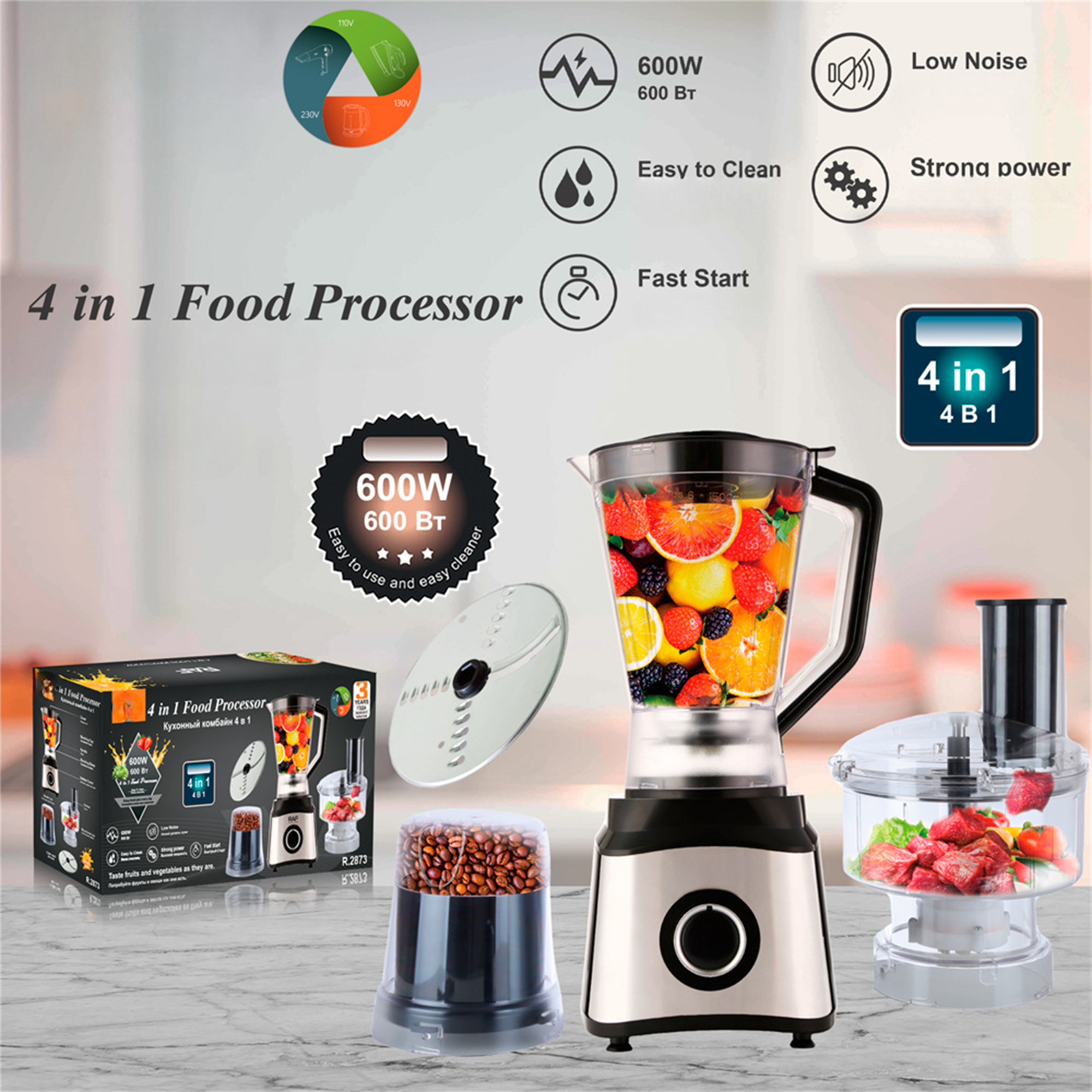 Ein 4-in-1-Küchengerät mit Mixer, Mahlwerk und Zerkleinerer, mit Früchten im Inneren.