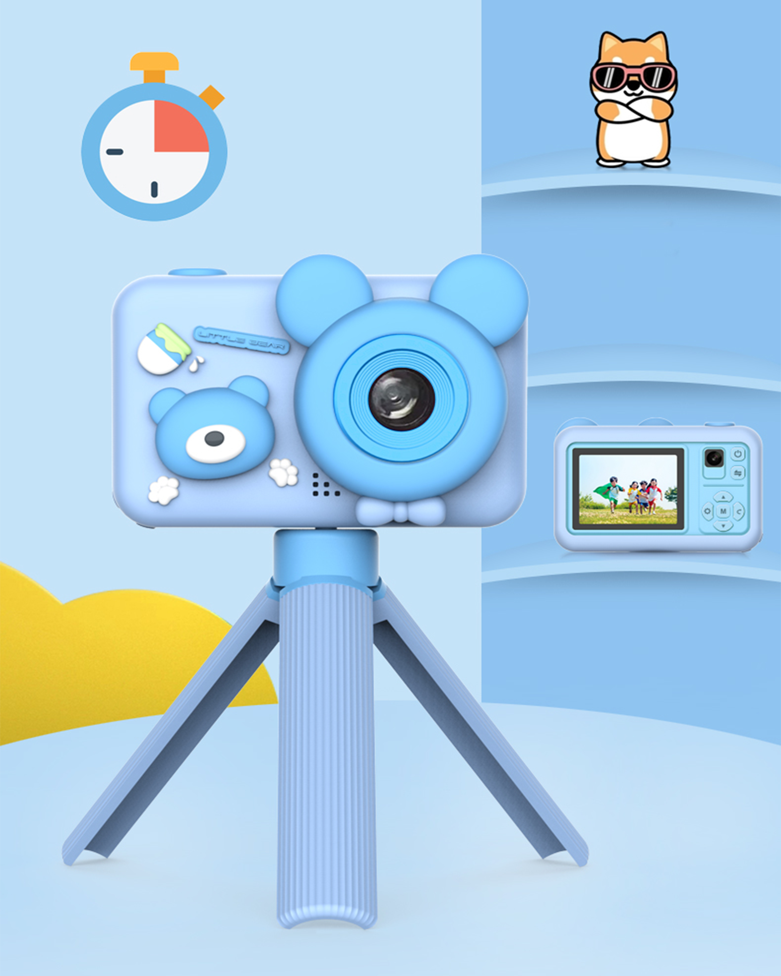 Blaue Spielzeugkamera mit Bär-Design auf Stativ. Timer-Symbol oben links, Cartoon-Hund oben rechts.