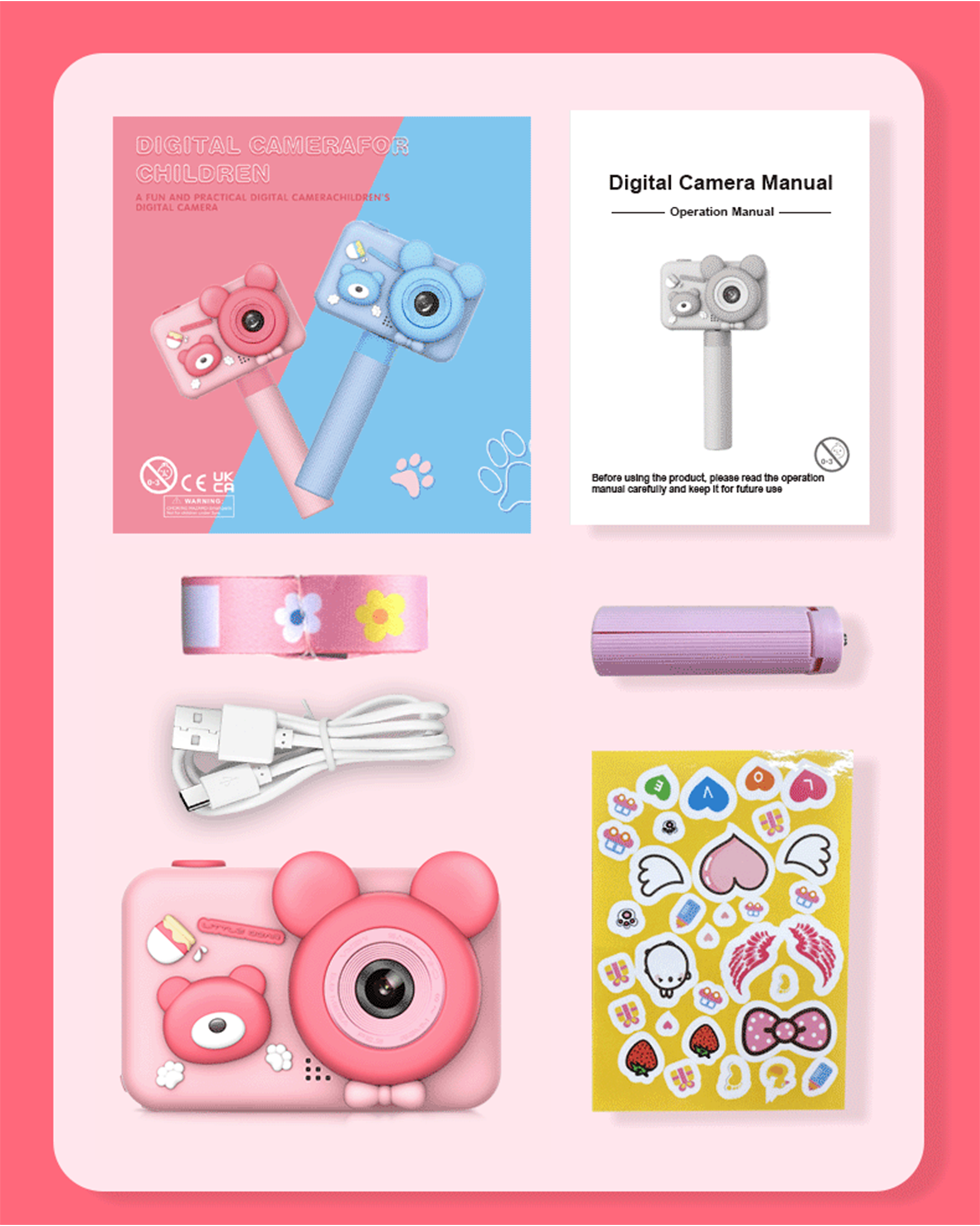 Kinderkamerakit. Rosa und blaue Kameras, Aufkleber, Handbücher und Zubehör. Helle Farben.