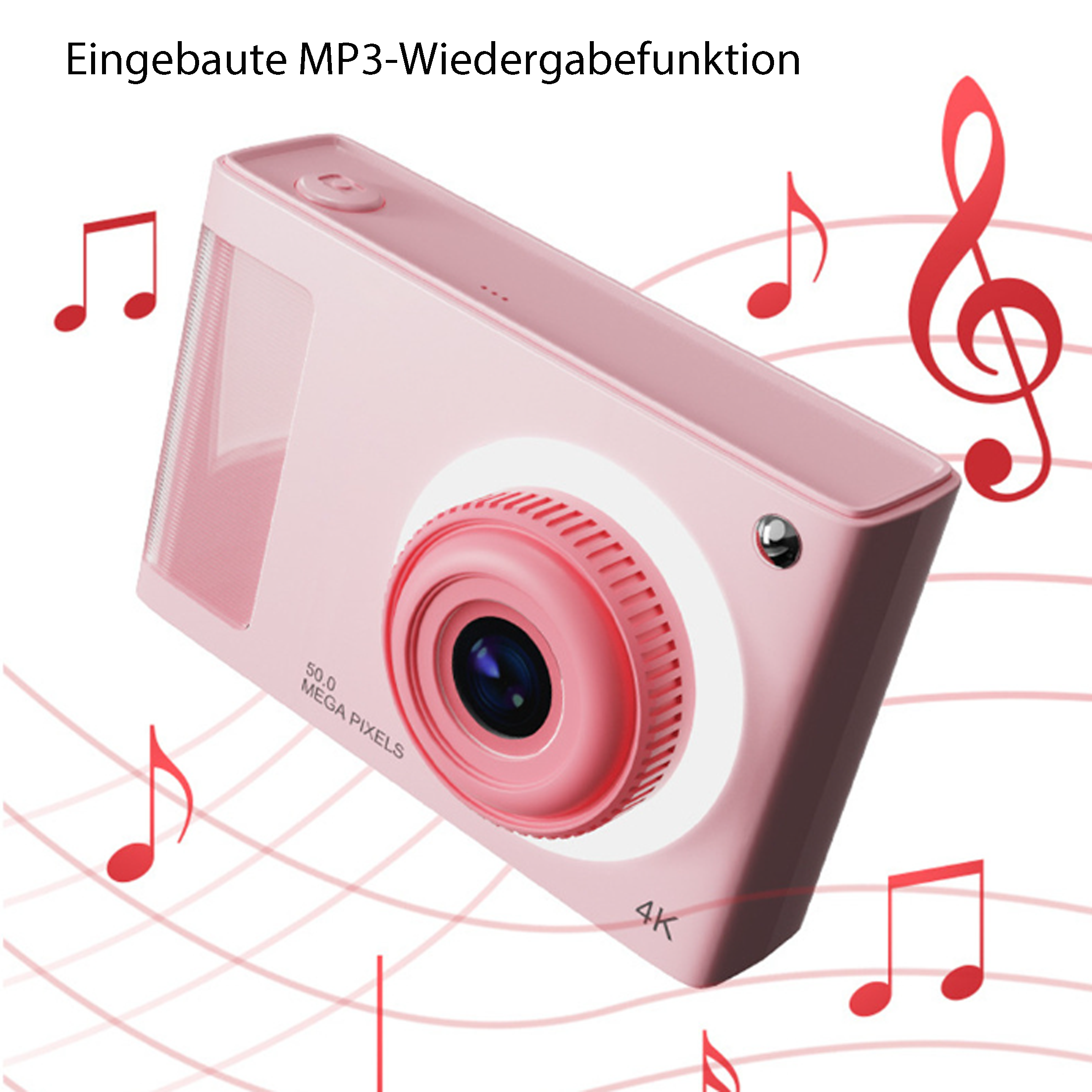 Rosa Digitalkamera mit roten Noten. Oben steht: "Eingebaute MP3-Wiedergabefunktion".