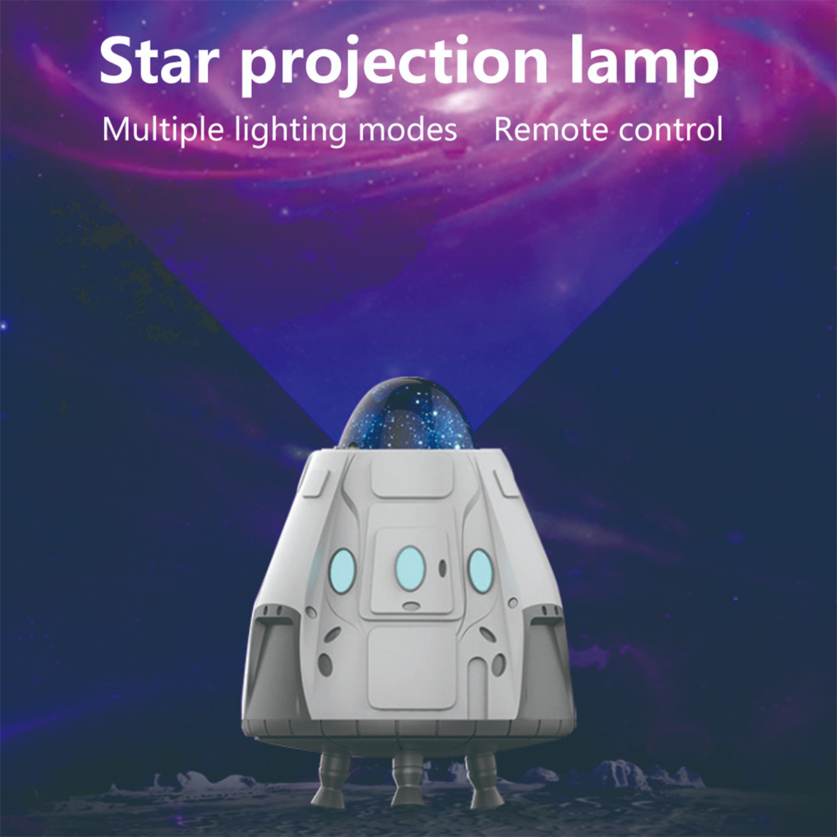 Eine weiße Sternprojektionslampe in einem dunklen Raum mit Sternen. Die Lampe hat ein Raumschiff-Design.