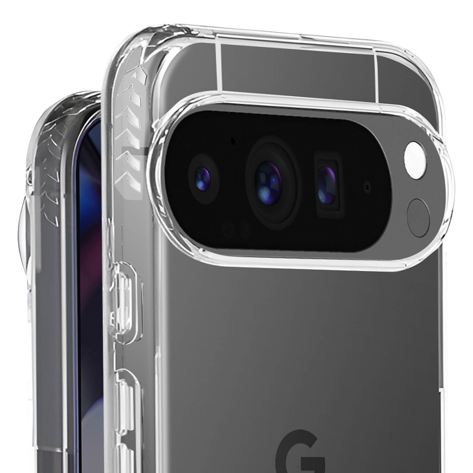 Custodia trasparente per telefono con protezione della fotocamera e telefono visibile.
