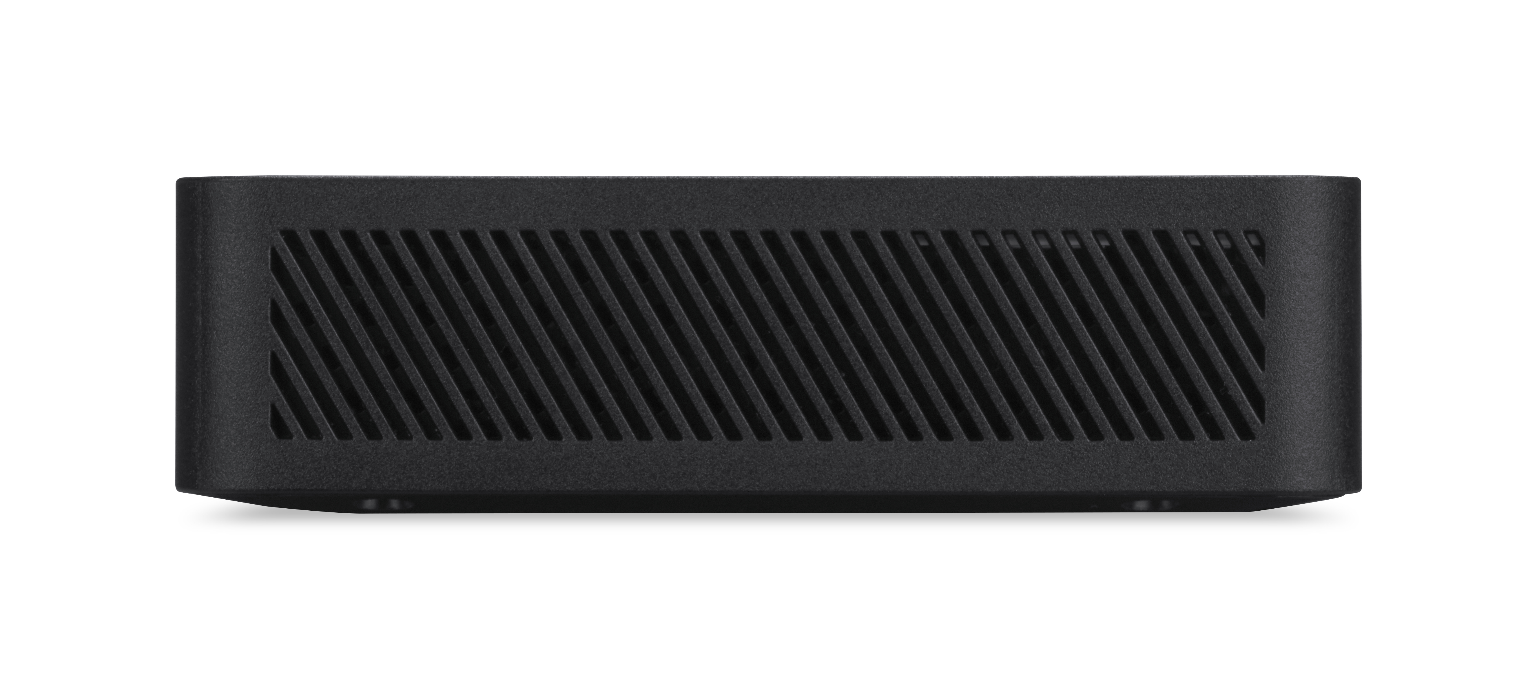 Czarne urządzenie z otworami wentylacyjnymi. Tło jest białe.