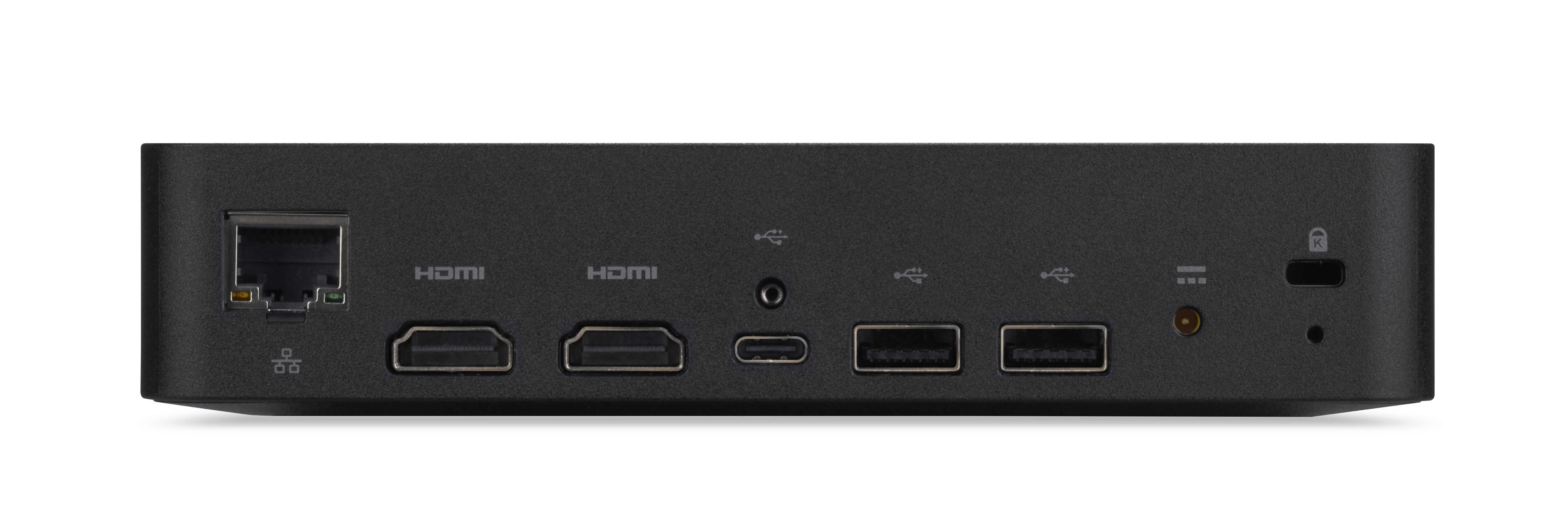 Tył czarnego urządzenia z portami, HDMI, USB i portem Ethernet.