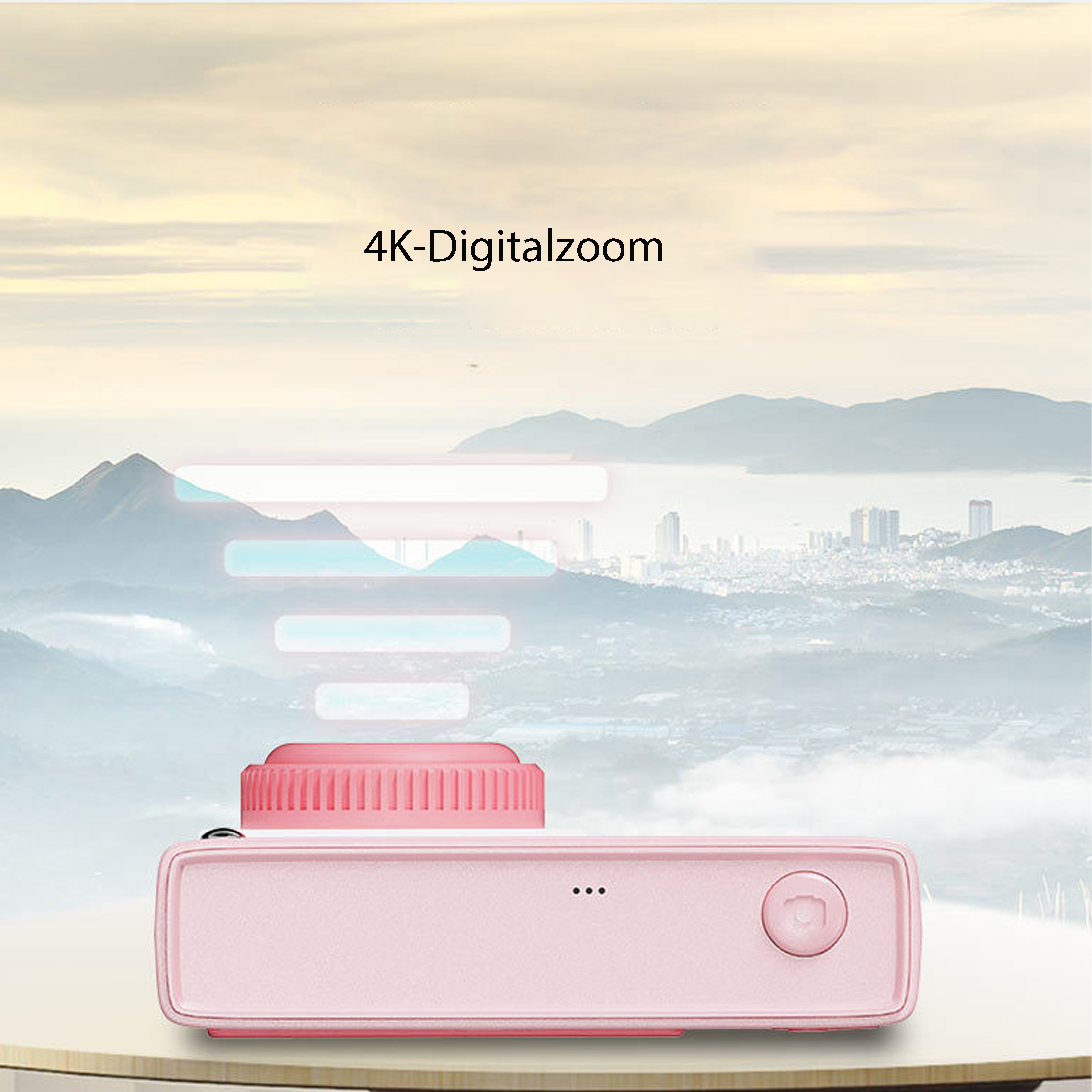 Rosa Kamera mit Objektiv und Knöpfen. Eine Skyline ist im Hintergrund.