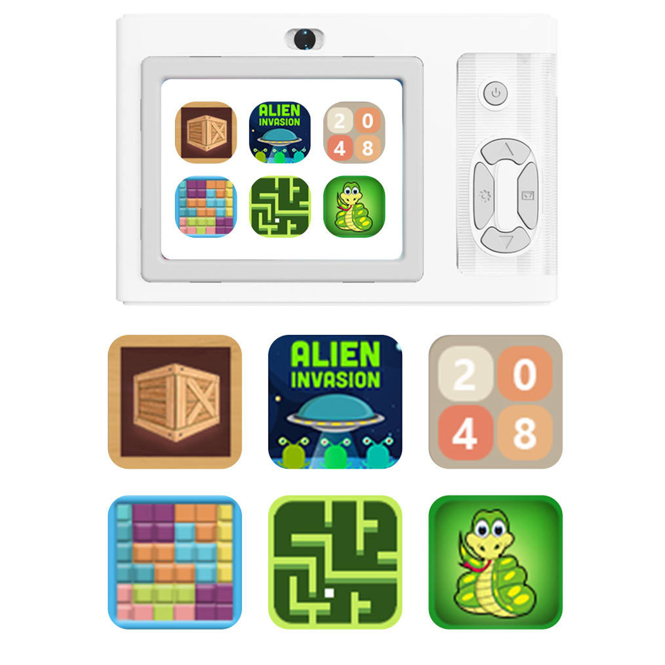 Weißes Gerät mit App-Symbolen auf dem Bildschirm, Fernbedienung und Spielsymbolen.