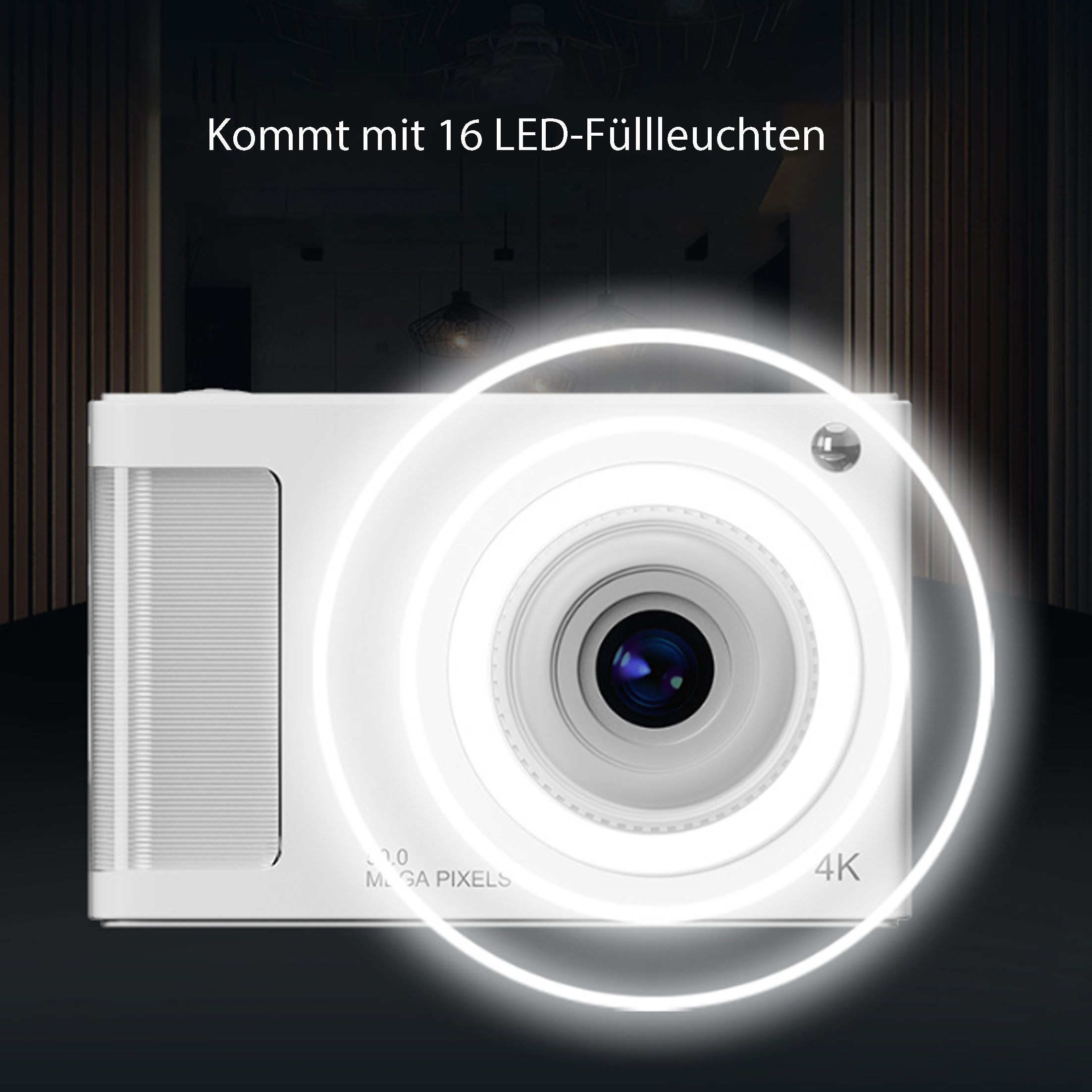 Weiße Kamera mit Ringlicht und Objektiv, mit dunklem Hintergrund und Lichtkranz.
