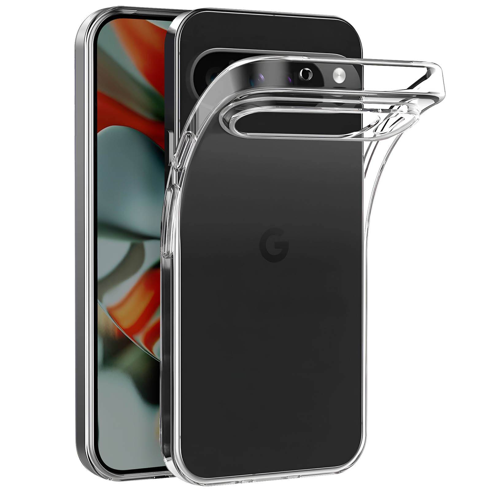 Eine transparente Handyhülle über einem schwarzen Telefon. Die Hülle ist am Telefon, der Bildschirm sichtbar.