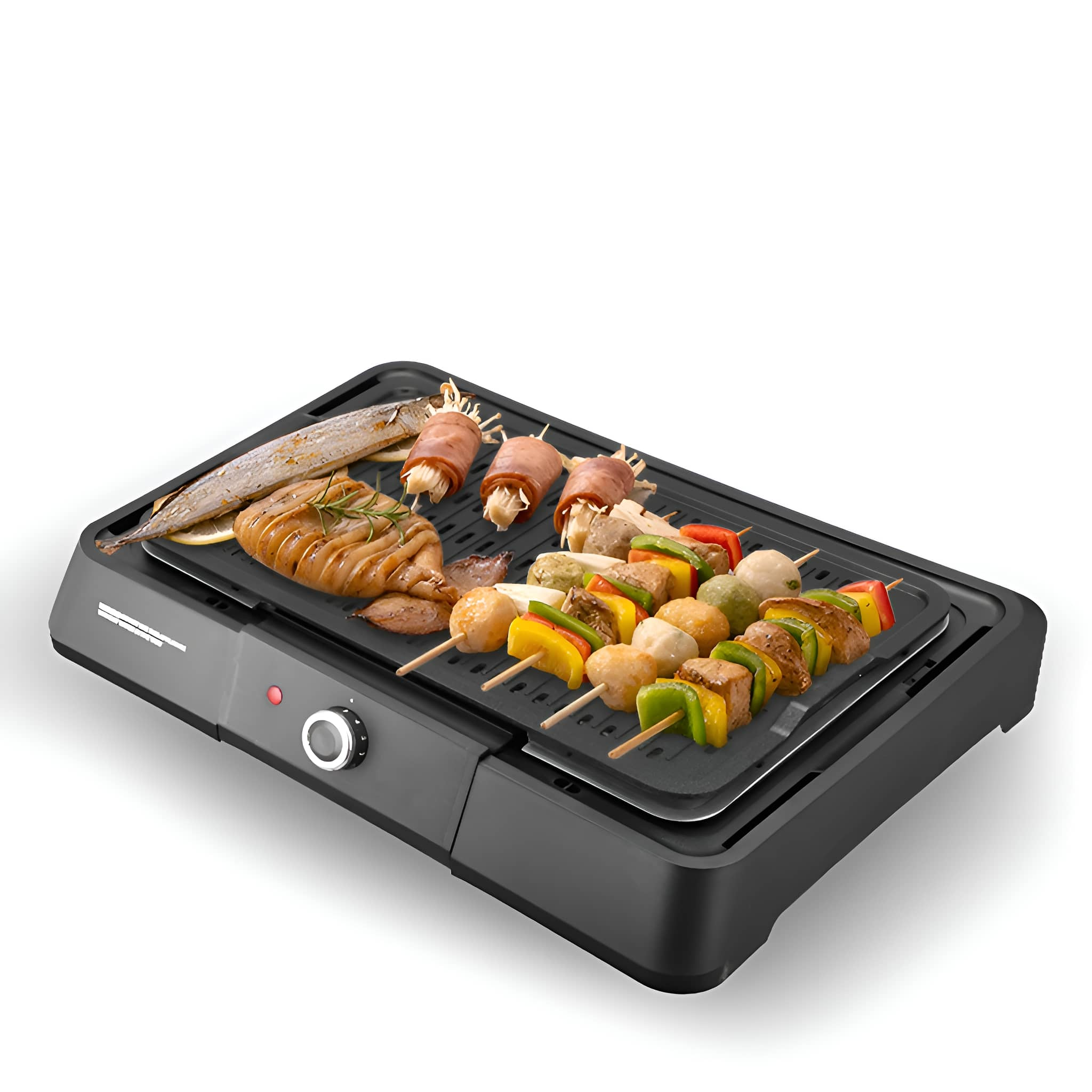 Elektrischer Grill mit verschiedenen Spießen mit Essen darauf.
