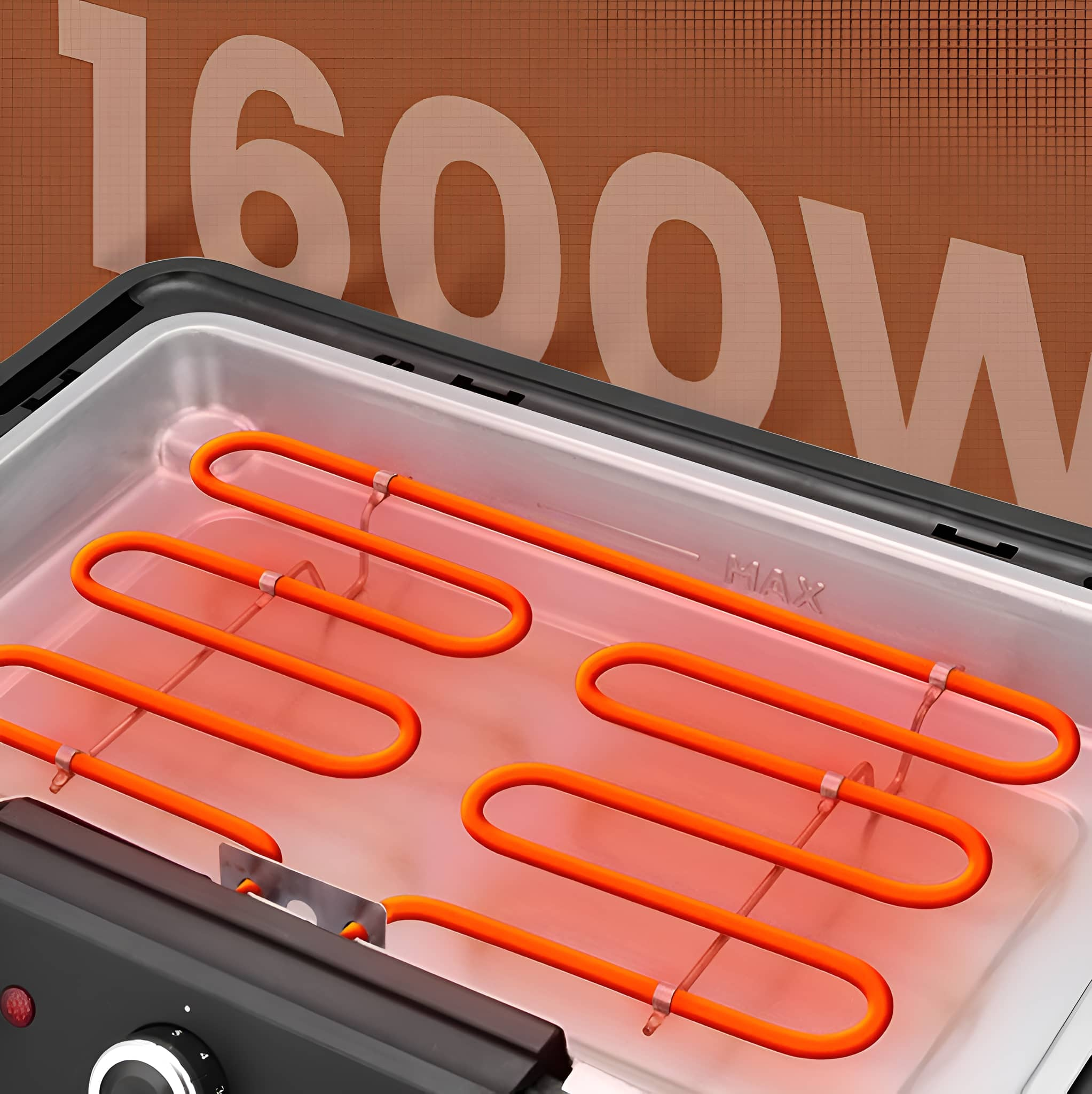 Nahaufnahme eines schwarzen Grill-Heizelements mit Text '1600W'.