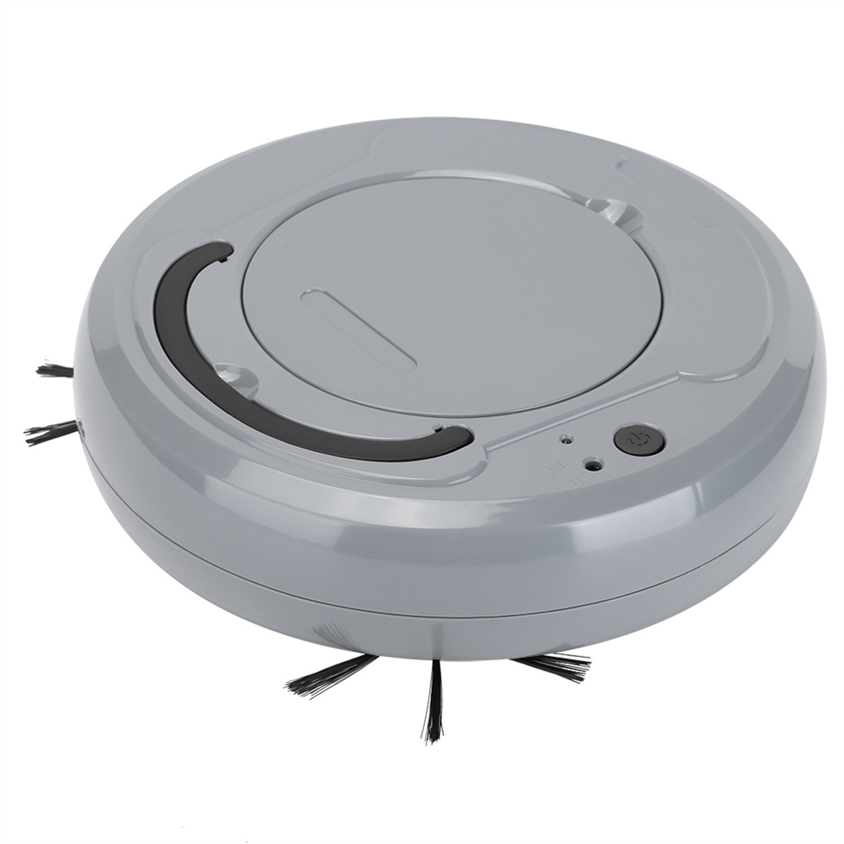 Ein grauer, kreisförmiger Roboter-Staubsauger. Er hat Bürsten und einen Einschaltknopf.
