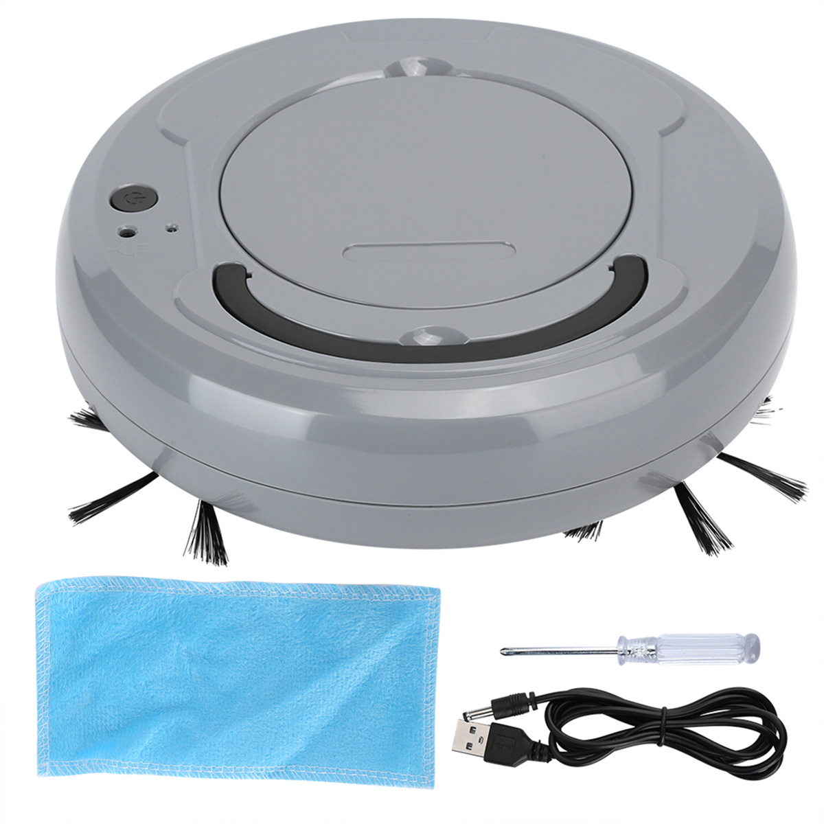 Ein grauer Roboter-Staubsauger mit Bürsten, einem blauen Wischmopp, Schraubendreher und USB-Kabel, alles auf weißer Oberfläche.